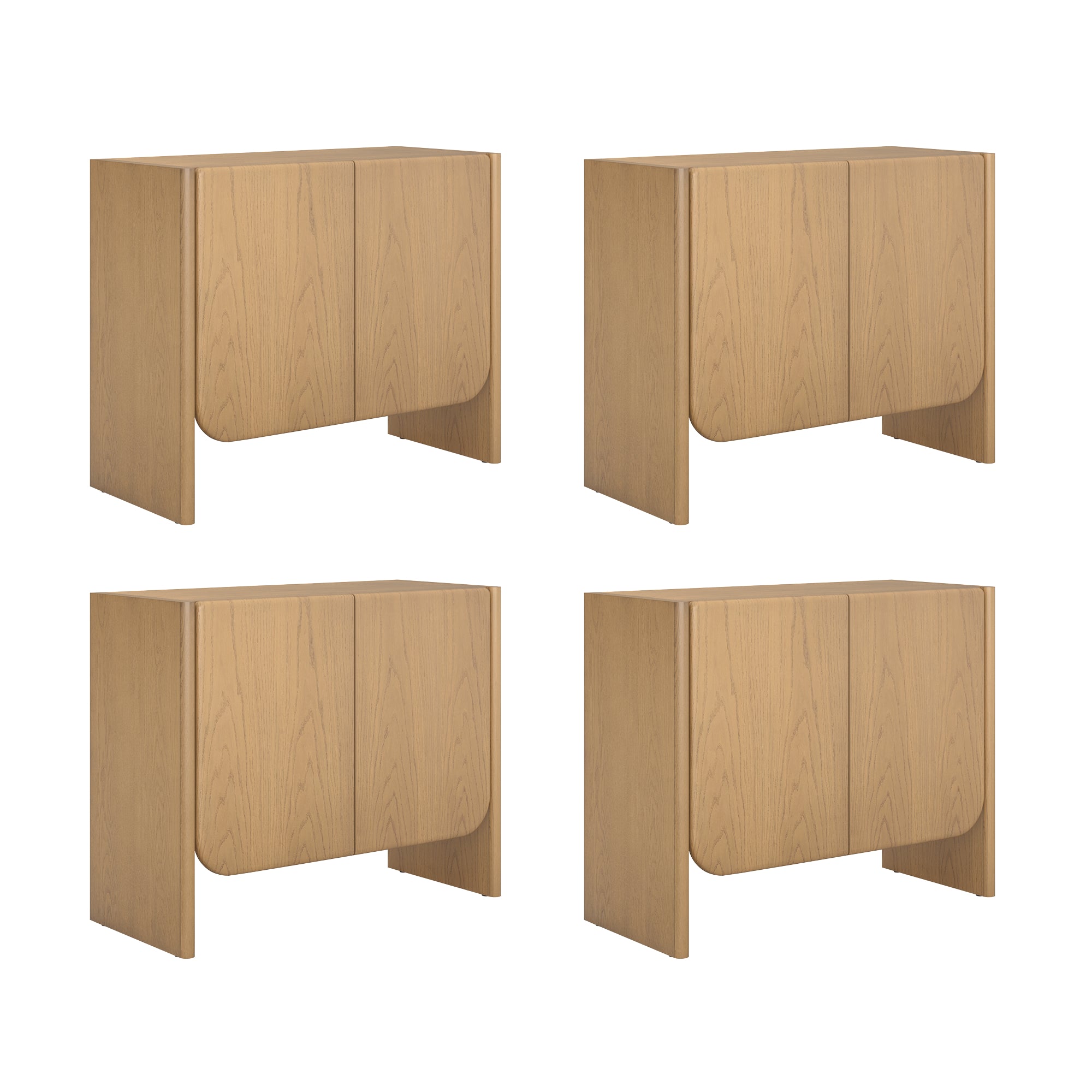 Four identical light wood cabinets with two doors, each shown from a slight angle, arranged in a grid on a white background. The cabinets have rounded bottom corners and a simple, modern design.