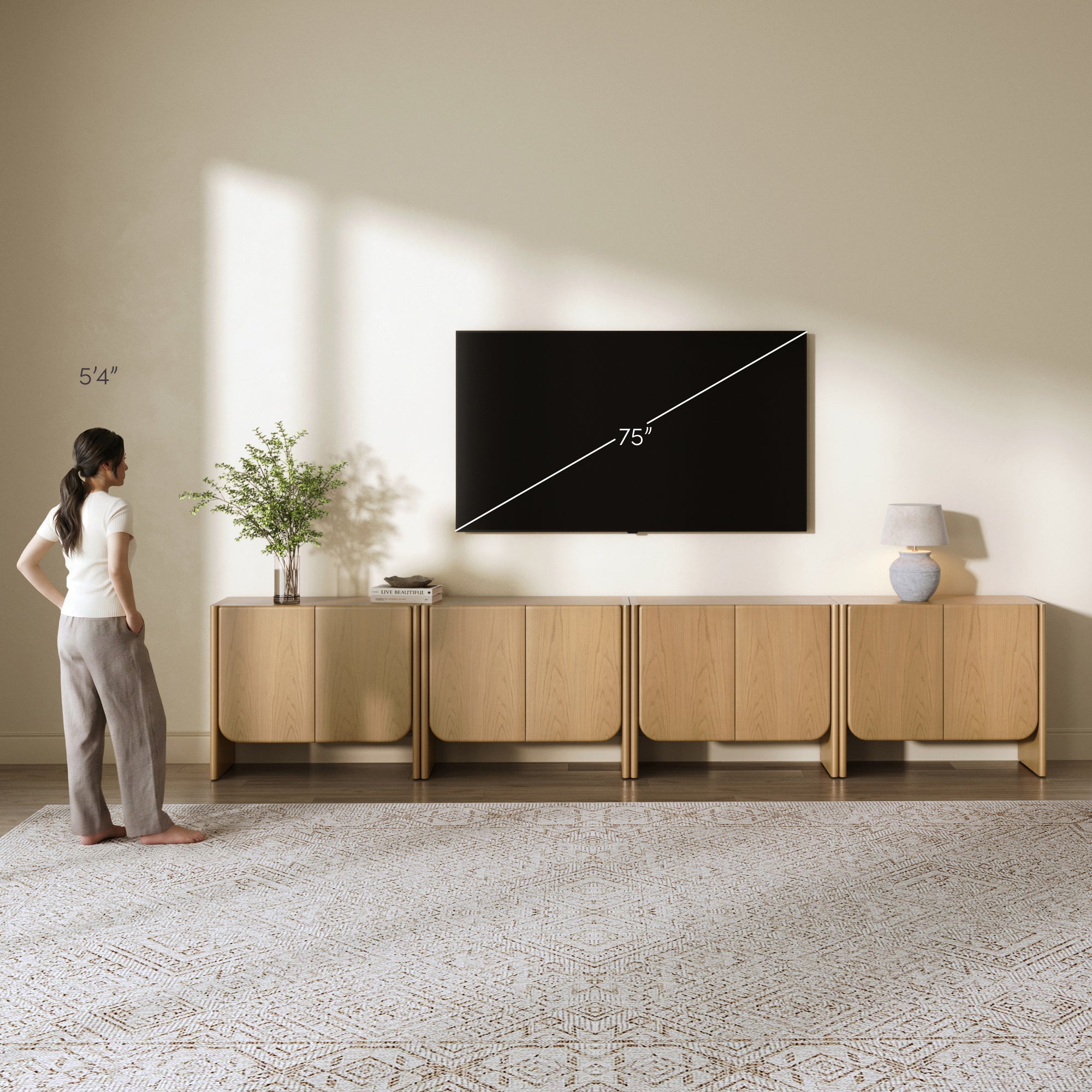 Rounded Wood TV Console Cabinet Raw Oak for TVs up to 100" - Nathan James