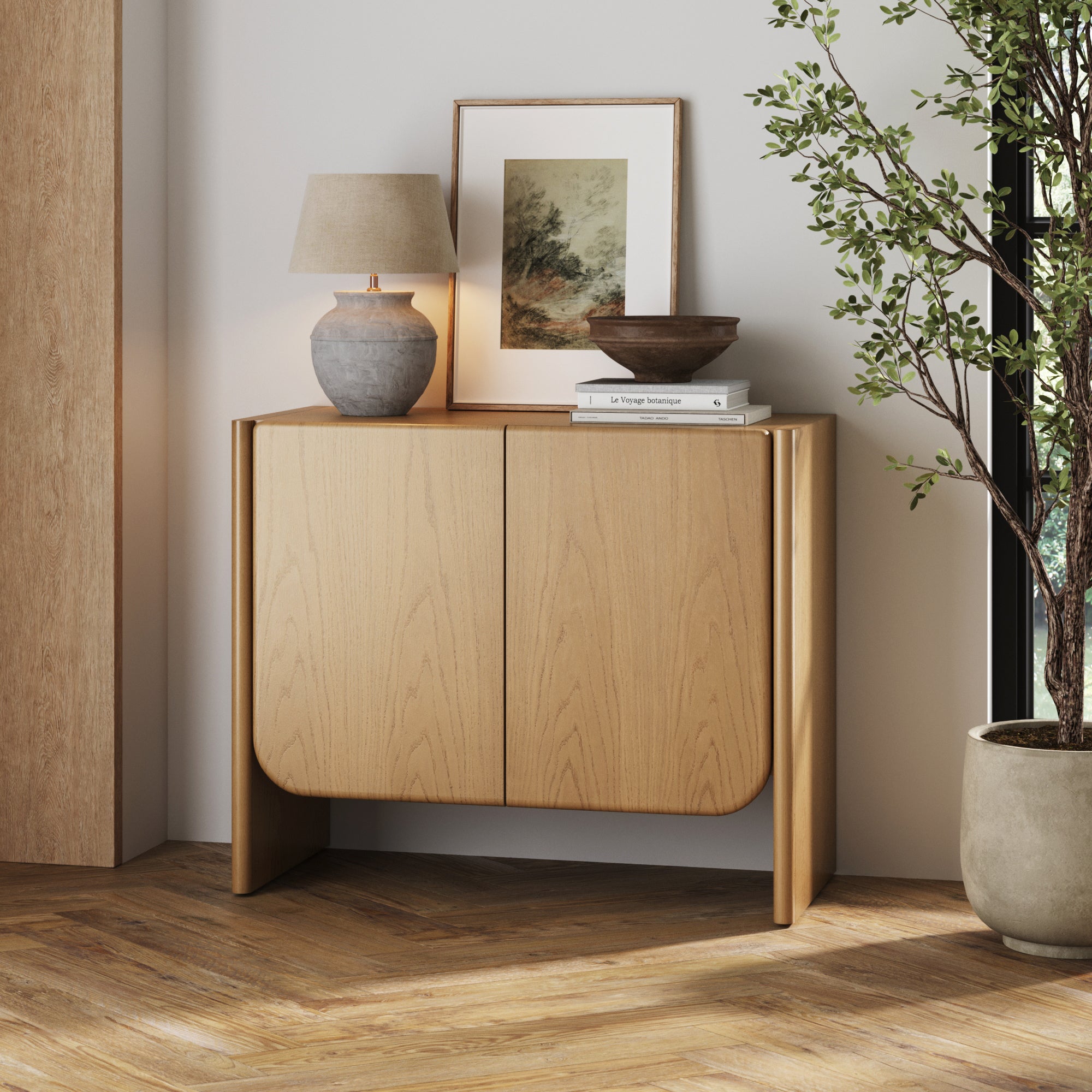 Mid Century Modern Rounded Wood Accent Cabinet Raw Oak - Nathan James