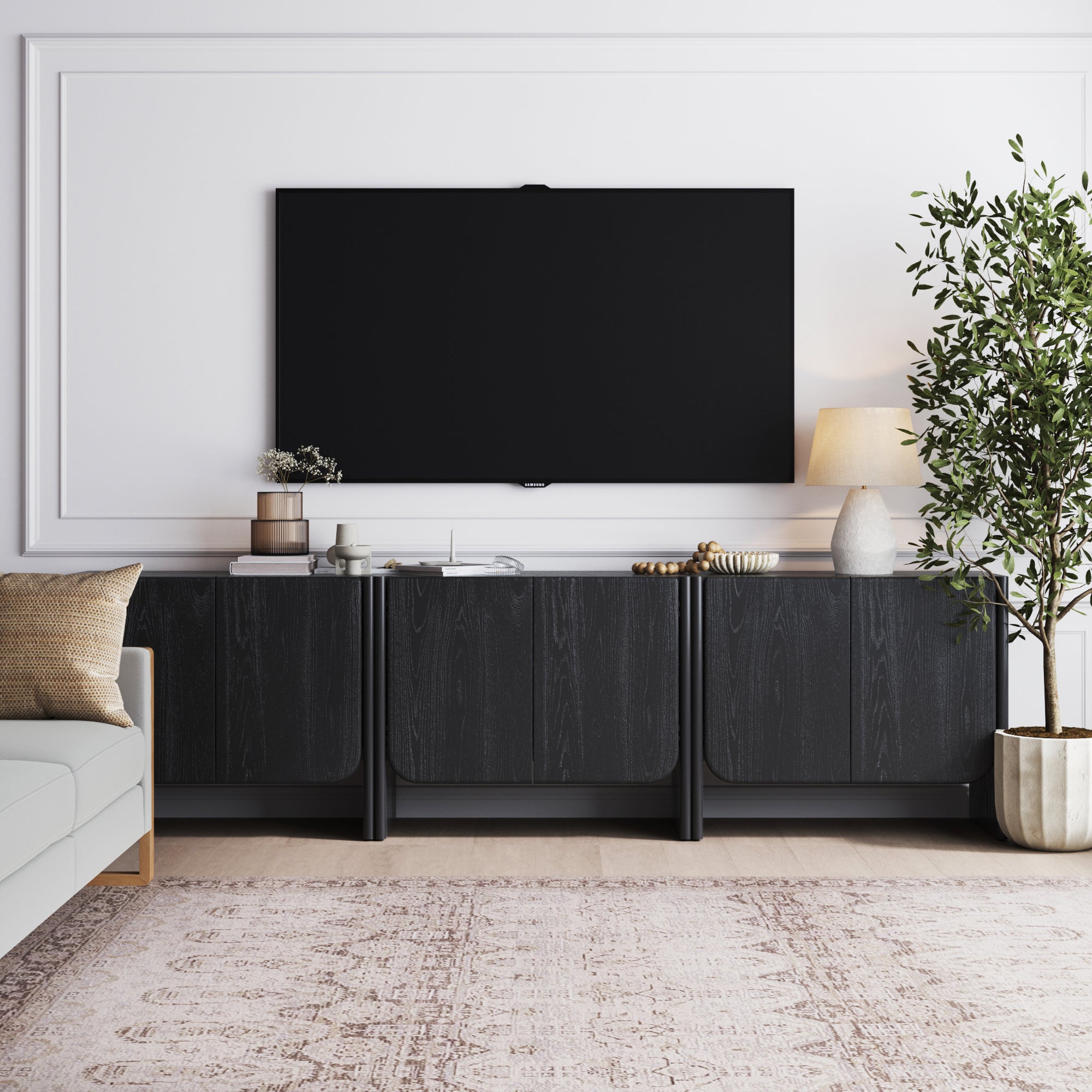 Rounded Wood TV Console Cabinet Black Oak for TVs 75 - 85" - Nathan James