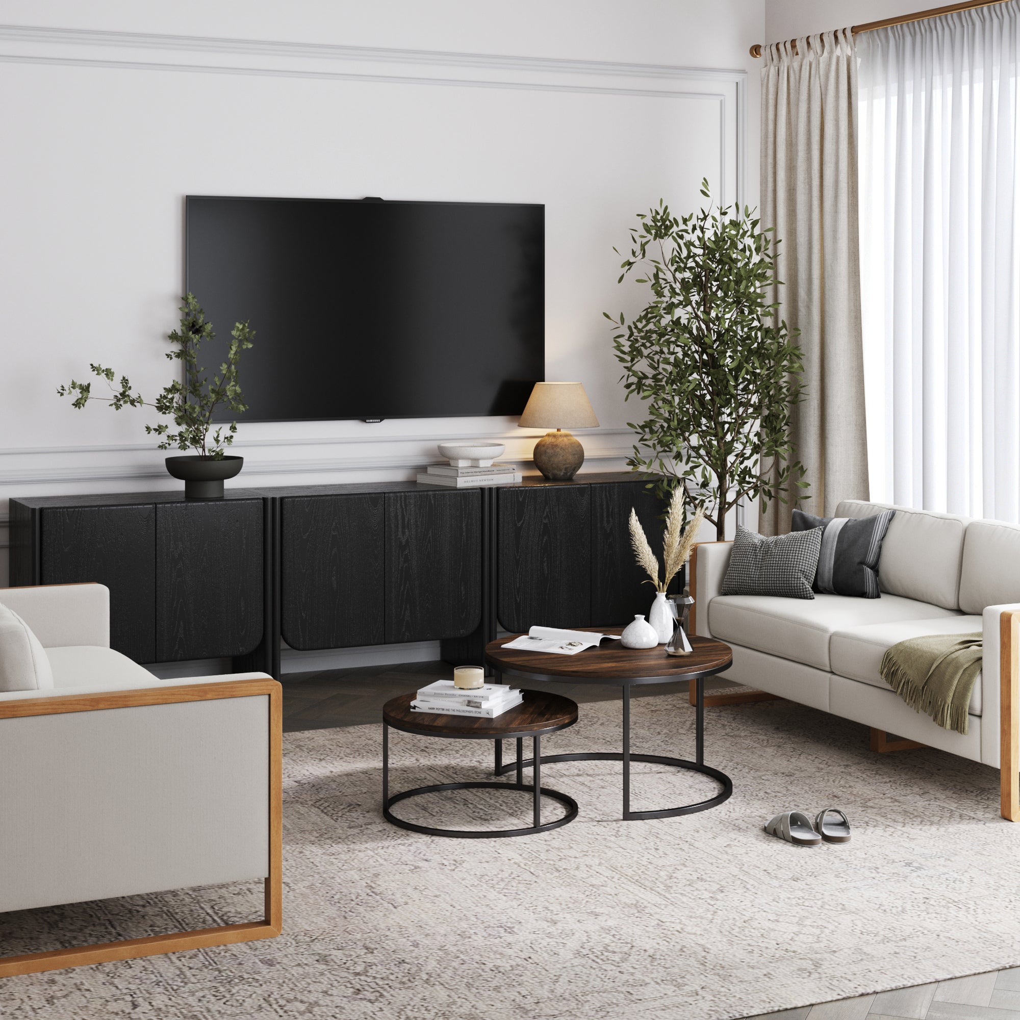 Rounded Wood TV Console Cabinet Black Oak for TVs 75 - 85" - Nathan James