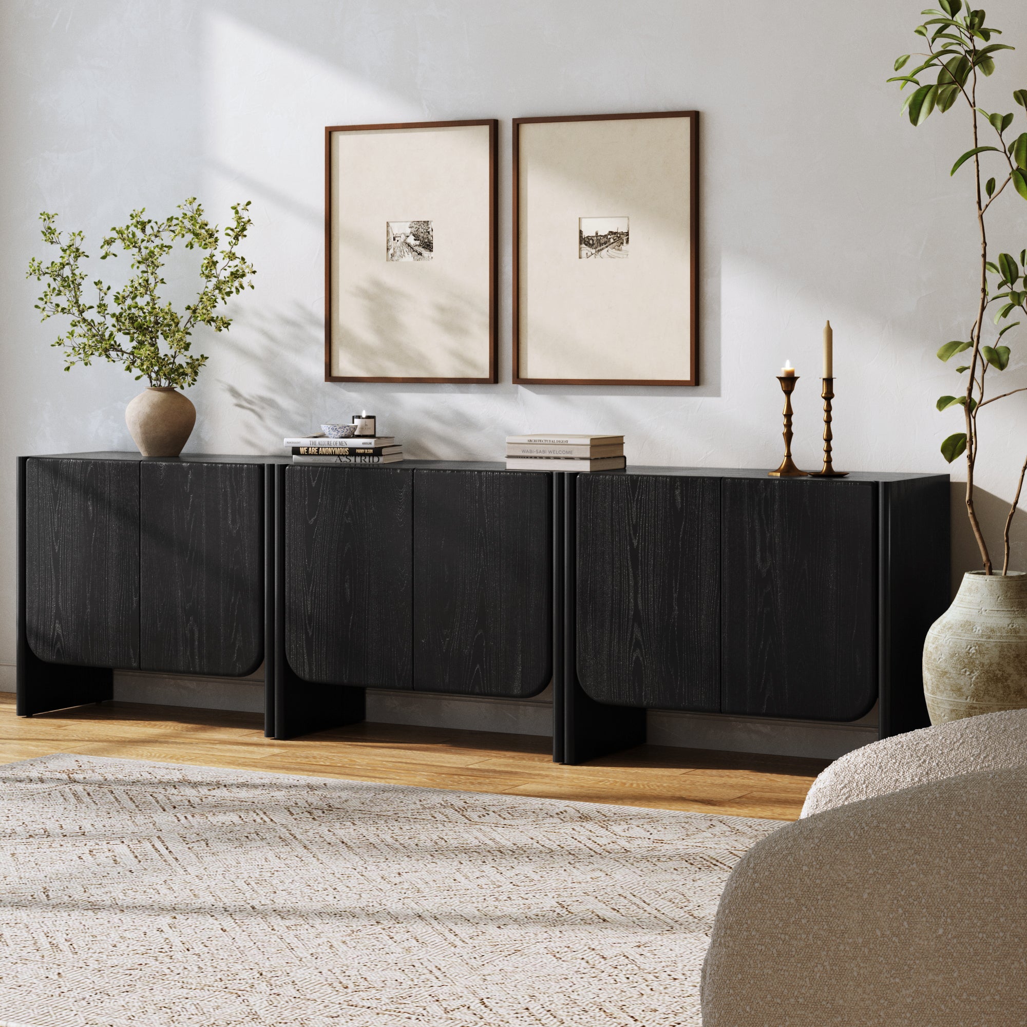 Rounded Wood Cabinet Credenza Black Oak (Set of 3) - Nathan James