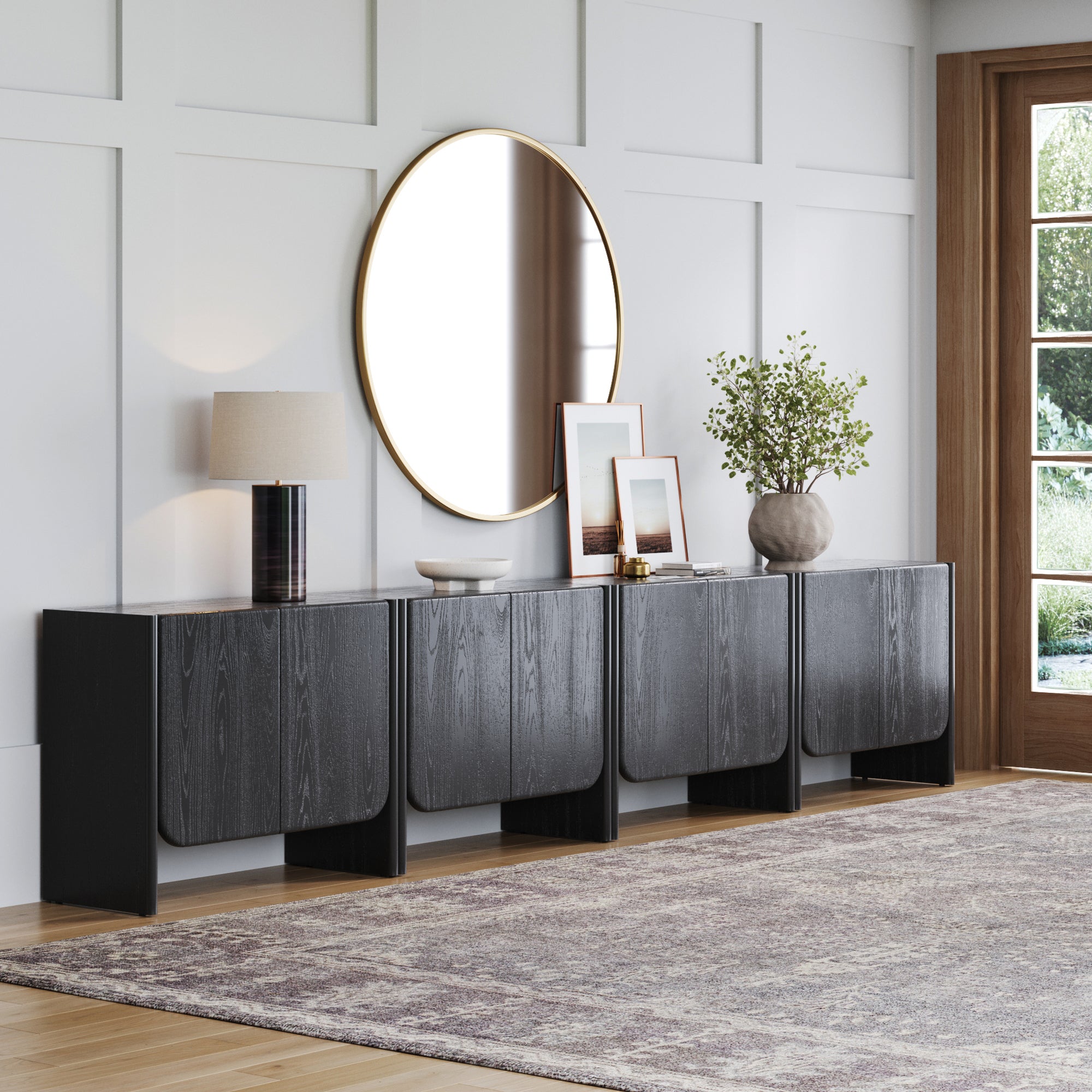 Rounded Wood TV Console Cabinet Black Oak for TVs 85" - Nathan James
