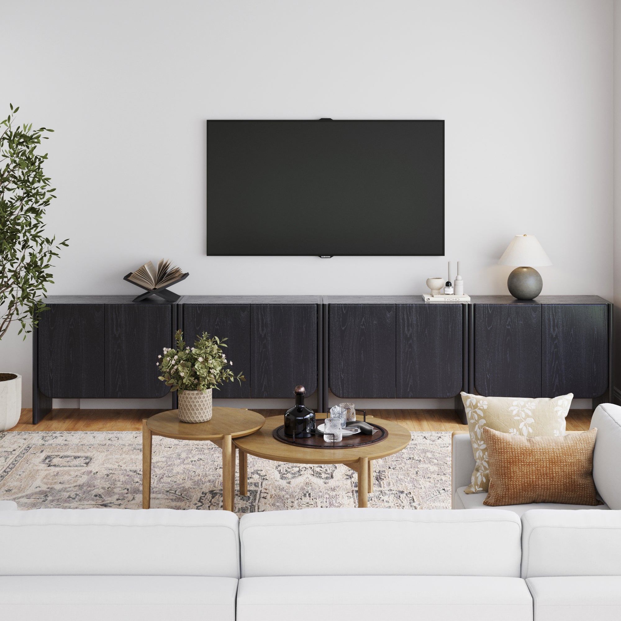 Rounded Wood TV Console Cabinet Black Oak for TVs 85" - Nathan James