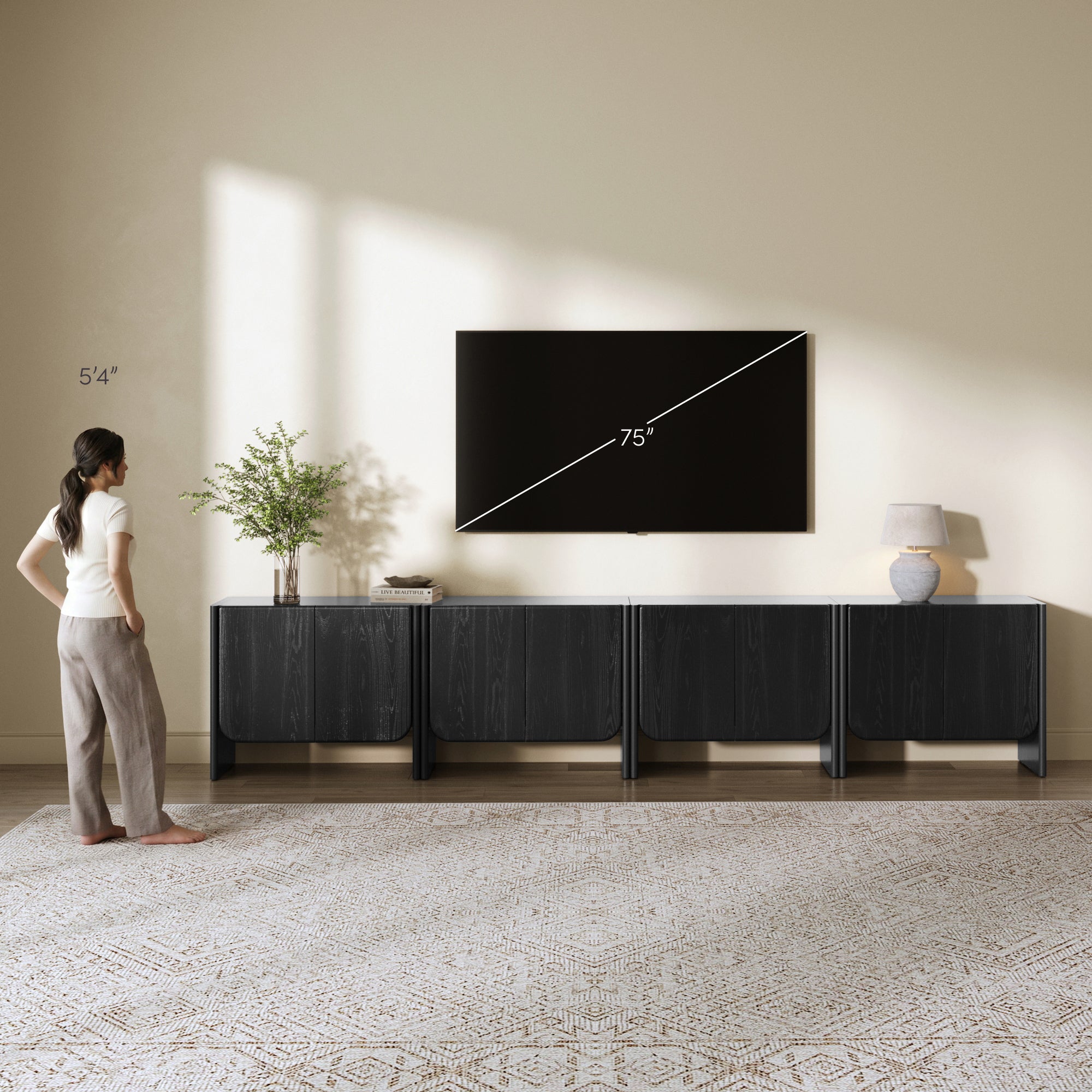 Rounded Wood TV Console Cabinet Black Oak for TVs up to 100" - Nathan James