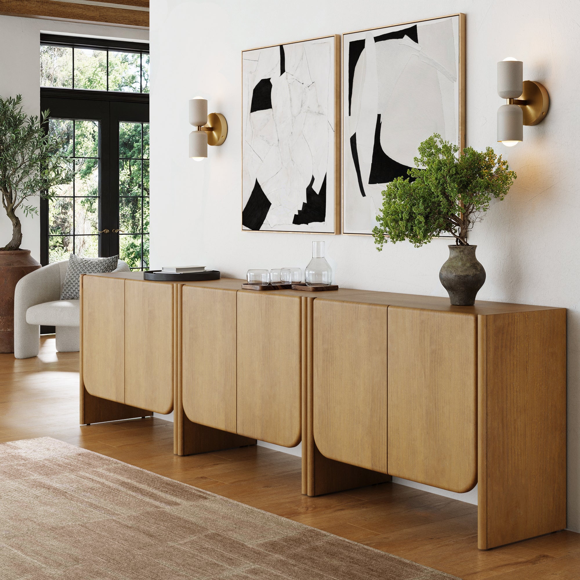Arched Wood Accent Cabinet or Kitchen Credenza Light Brown (Set of 3) - Nathan James