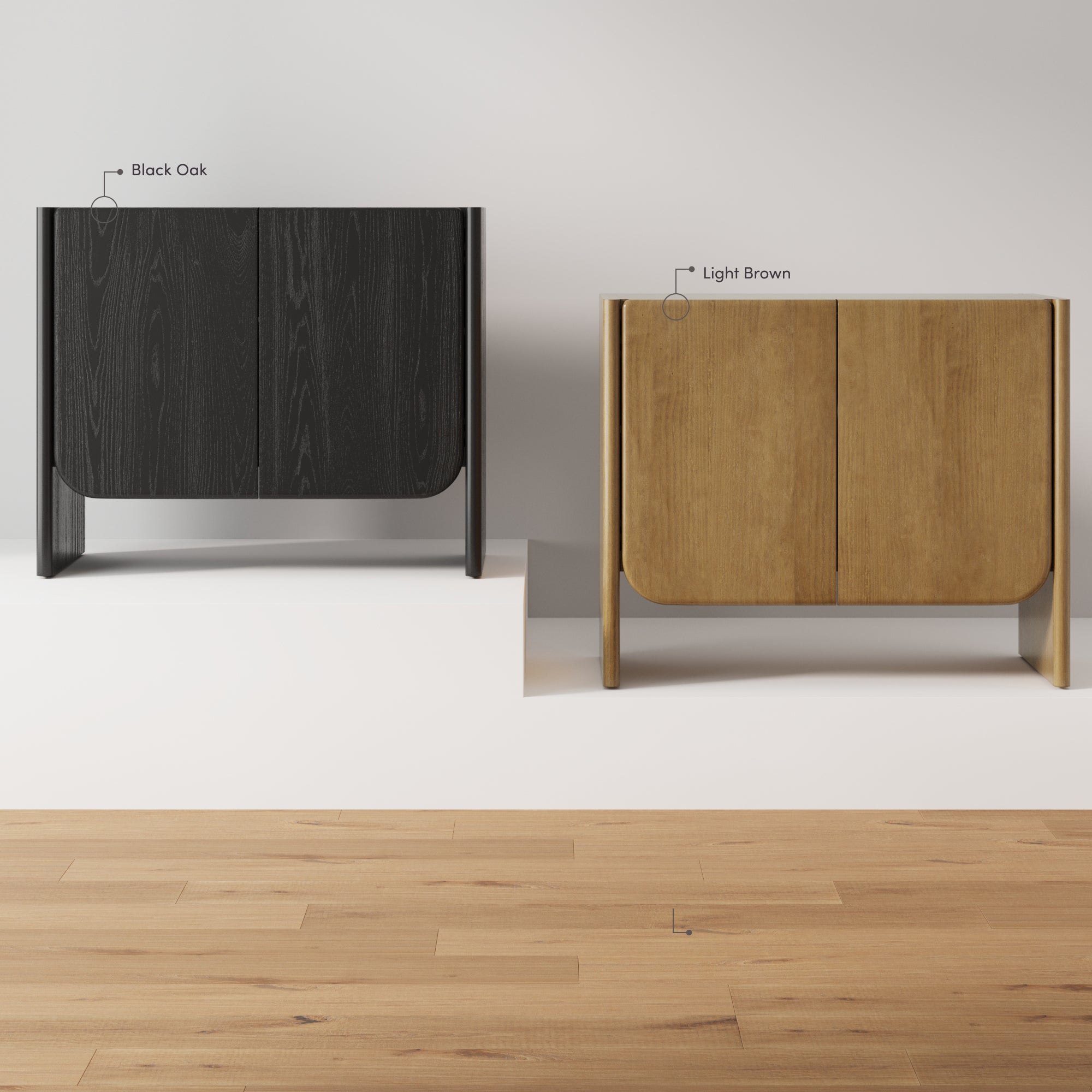 Two wooden cabinets side by side on a wooden floor; the left cabinet is black oak, and the right cabinet is light brown. Both have clean, minimalist designs against a plain white wall.