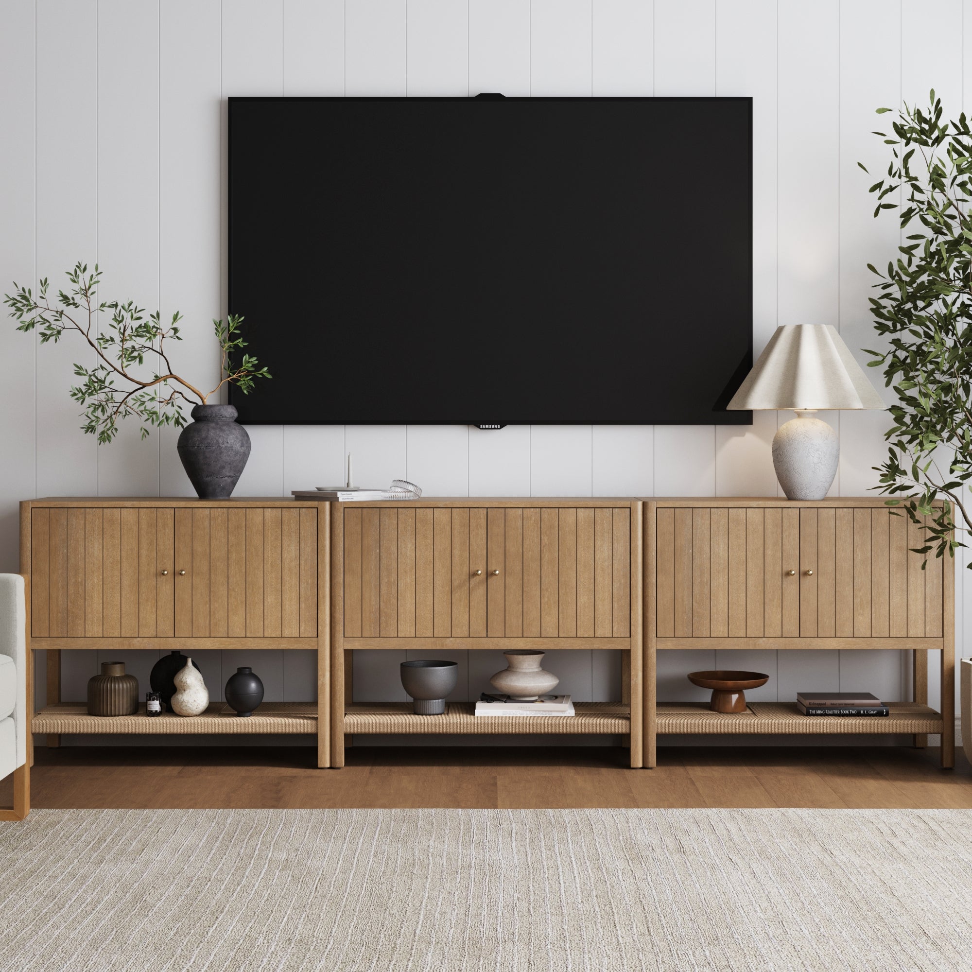 Wood TV Console with Open Seagrass Shelf for 75 - 85" TVs Light Brown - Nathan James
