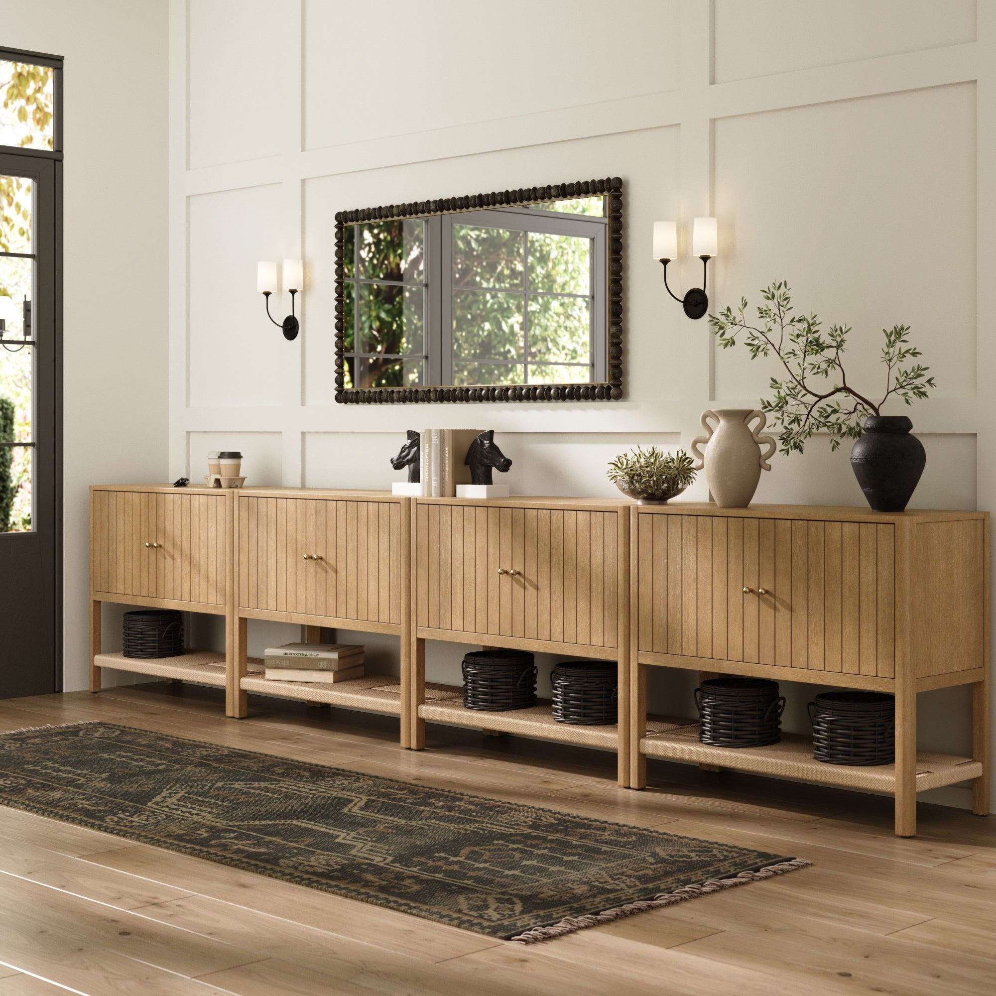 Wood TV Console with Open Seagrass Shelf for 85" TVs Light Brown - Nathan James