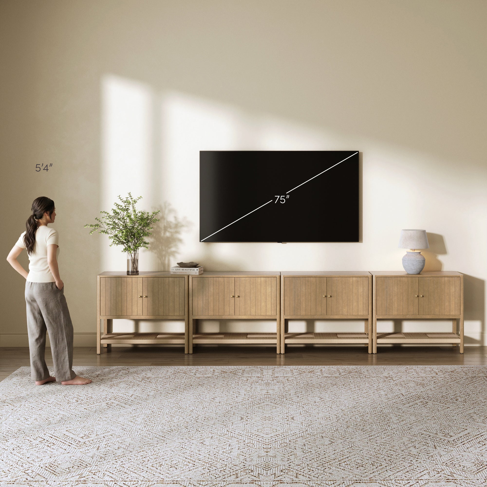 Wood TV Console with Open Seagrass Shelf for TVs up to 100" Light Brown - Nathan James