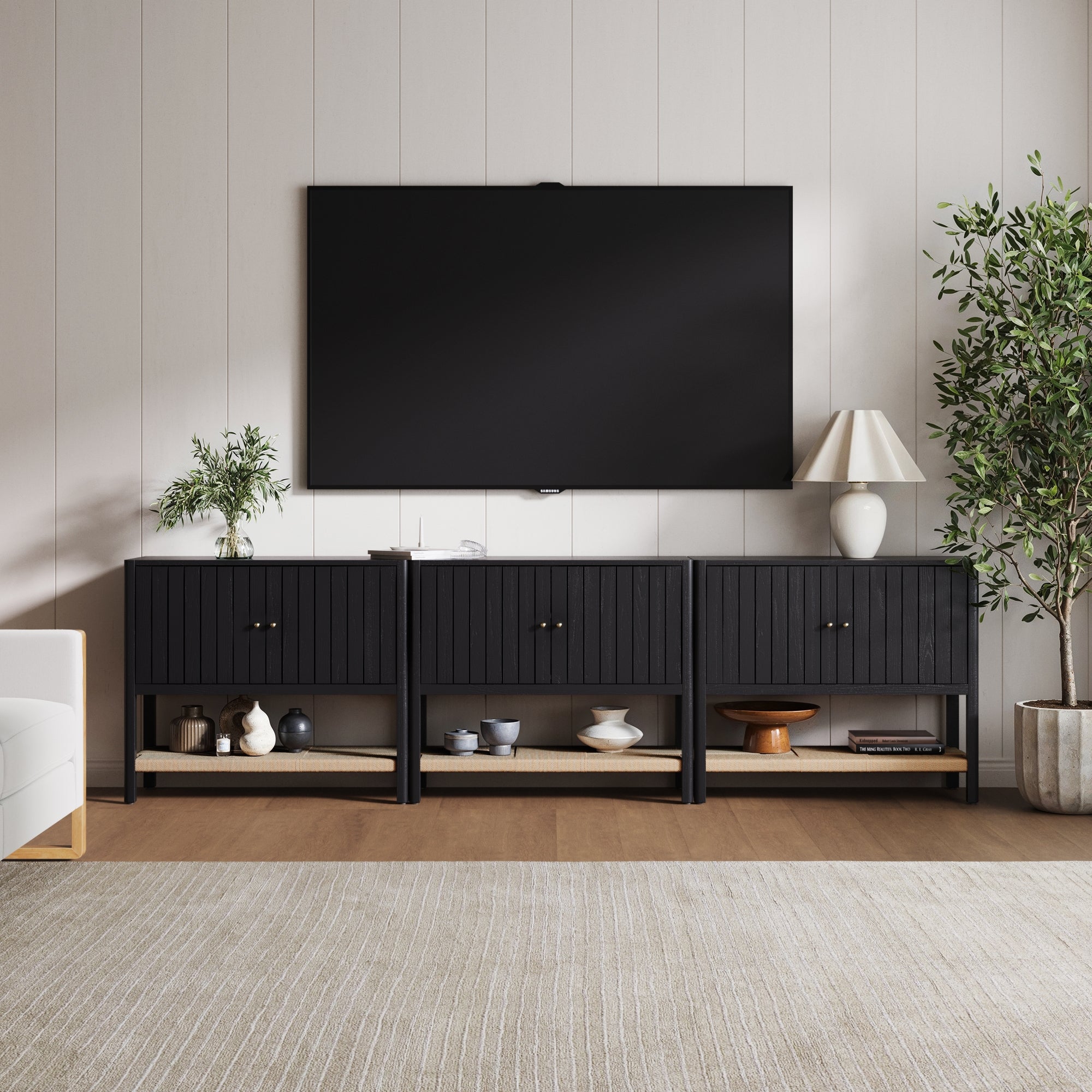Wood TV Console with Open Seagrass Shelf for 75 - 85" TVs Black Oak - Nathan James