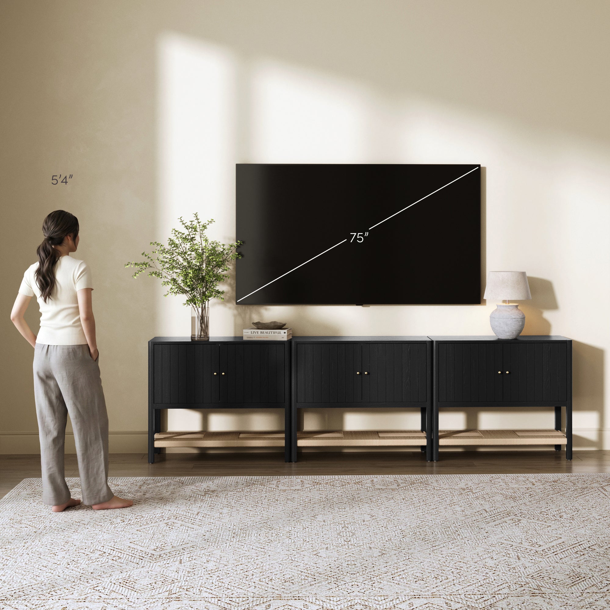 Wood TV Console with Open Seagrass Shelf for TVs up to 75" Black Oak - Nathan James