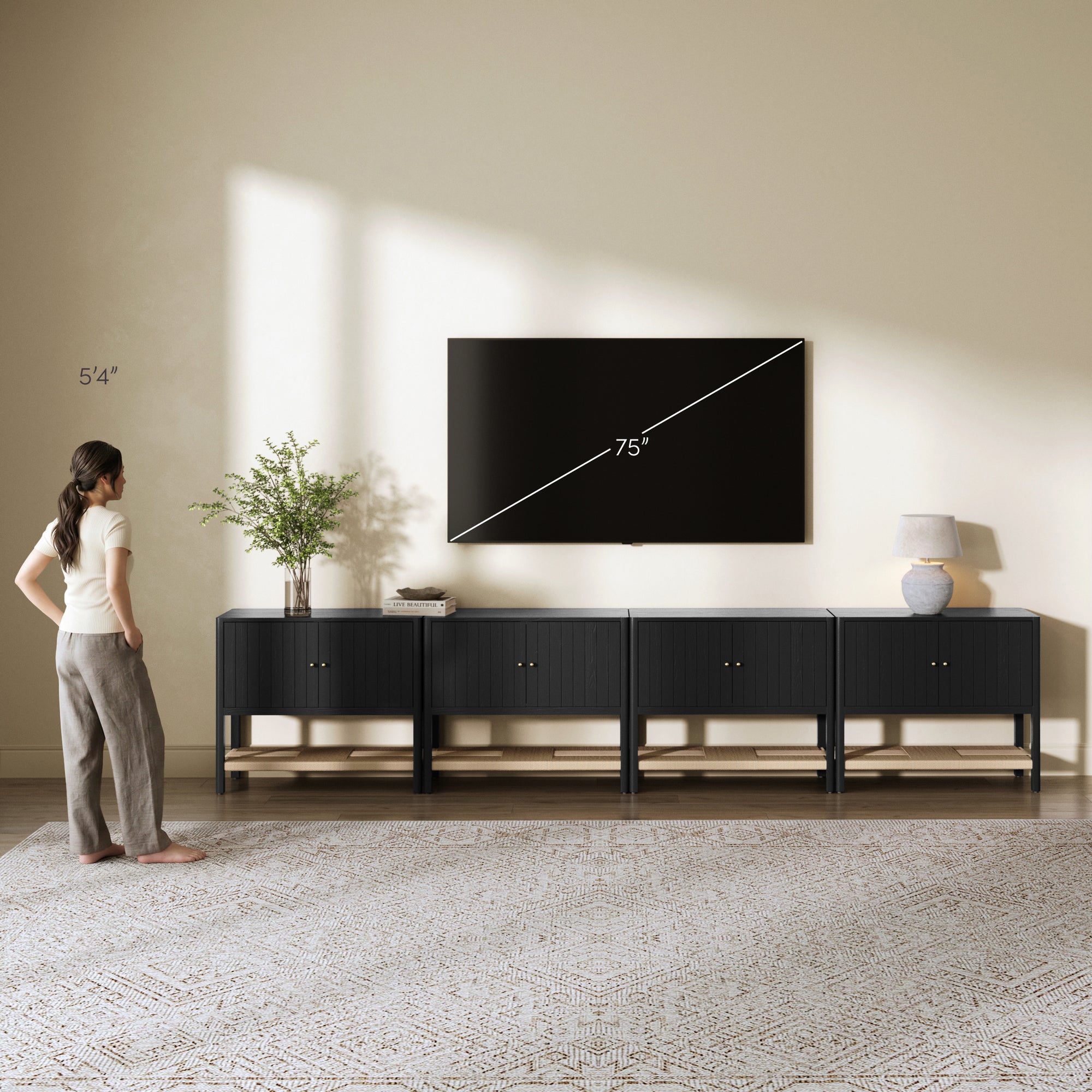 Wood TV Console with Open Seagrass Shelf for TVs up to 100" Black Oak - Nathan James
