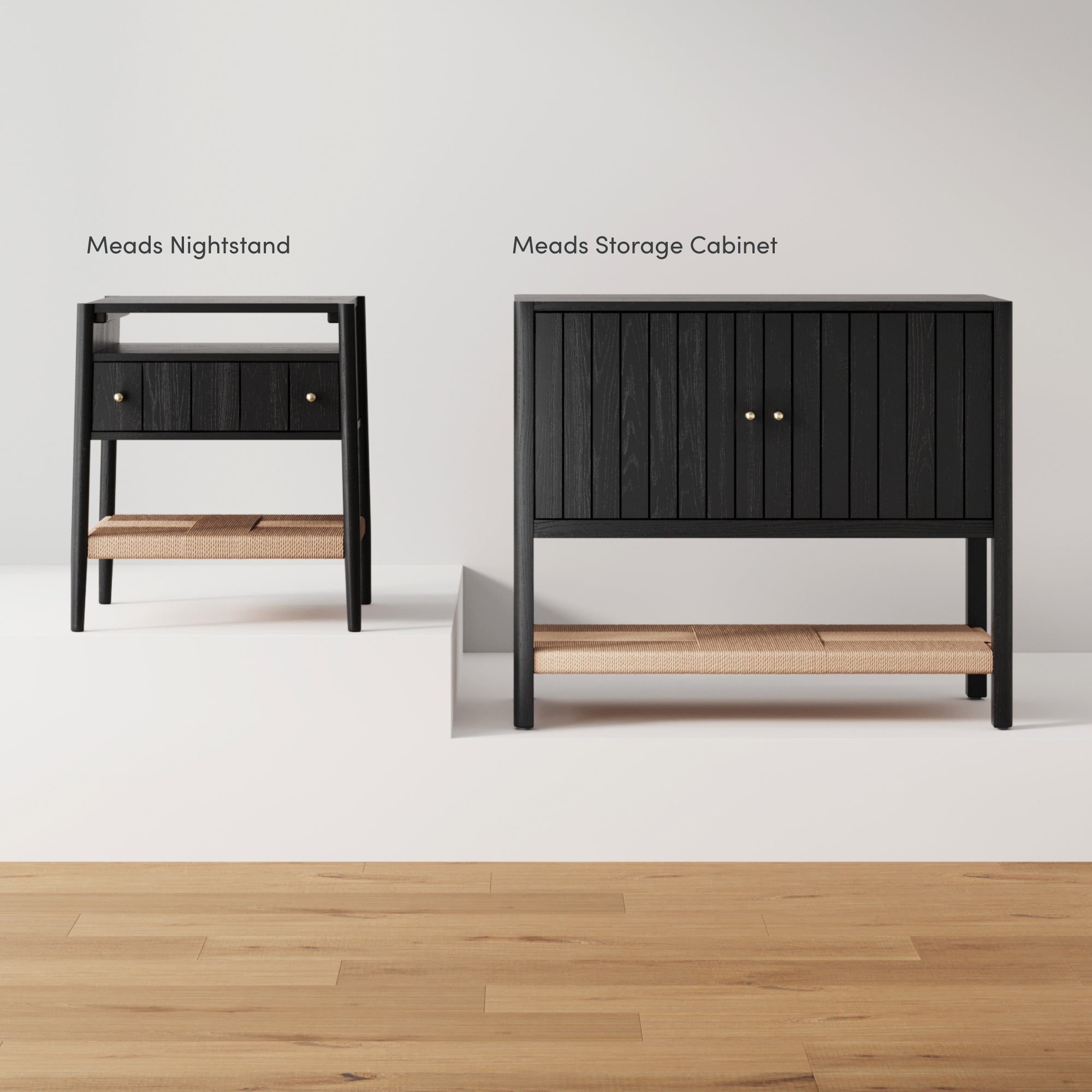 Two black wood furniture pieces are shown: a nightstand with an open shelf and a small cabinet. Both have a woven lower shelf and gold knobs, placed on a wooden floor against a plain white background.