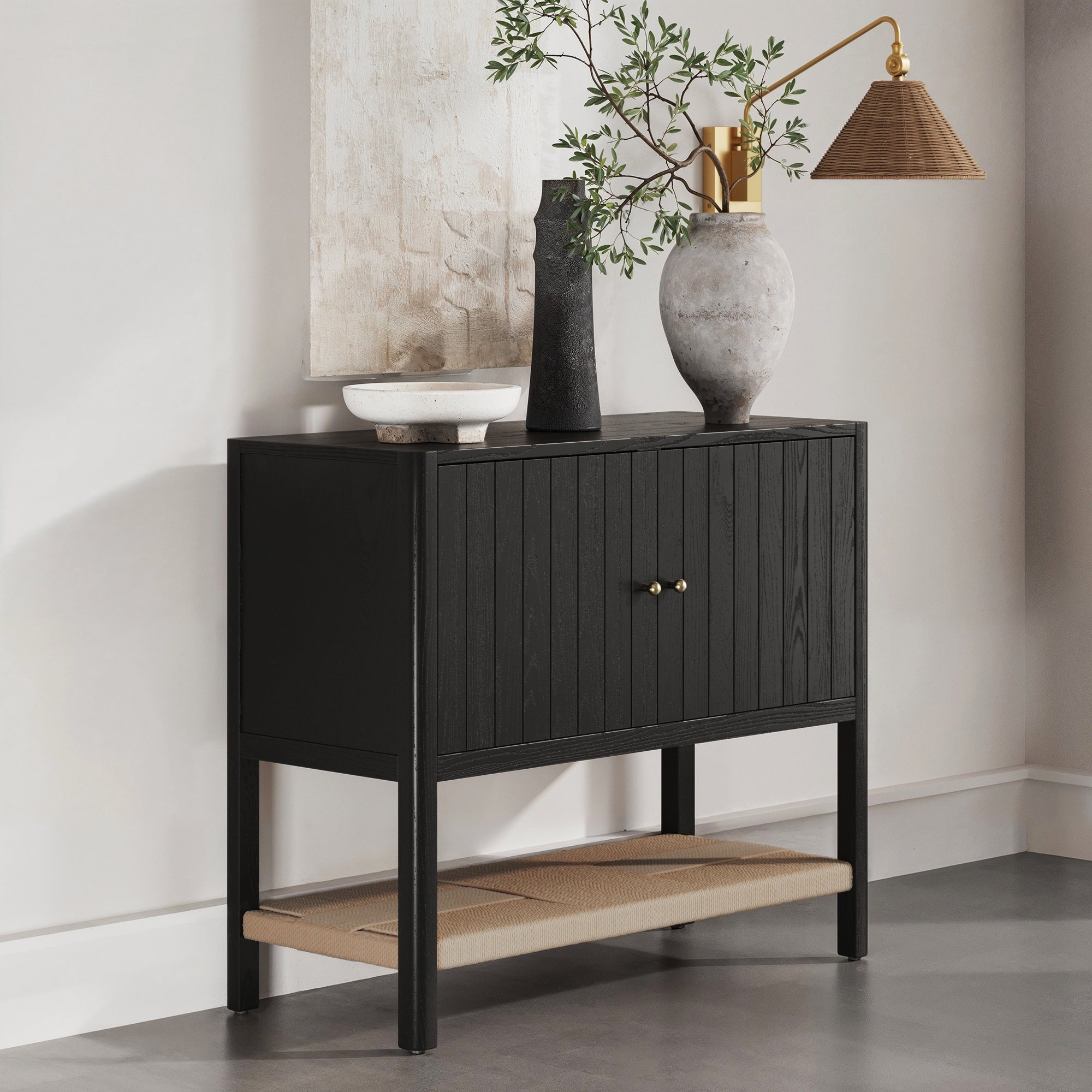 Mid - Century Grooved Door Storage Cabinet Black Oak - Nathan James