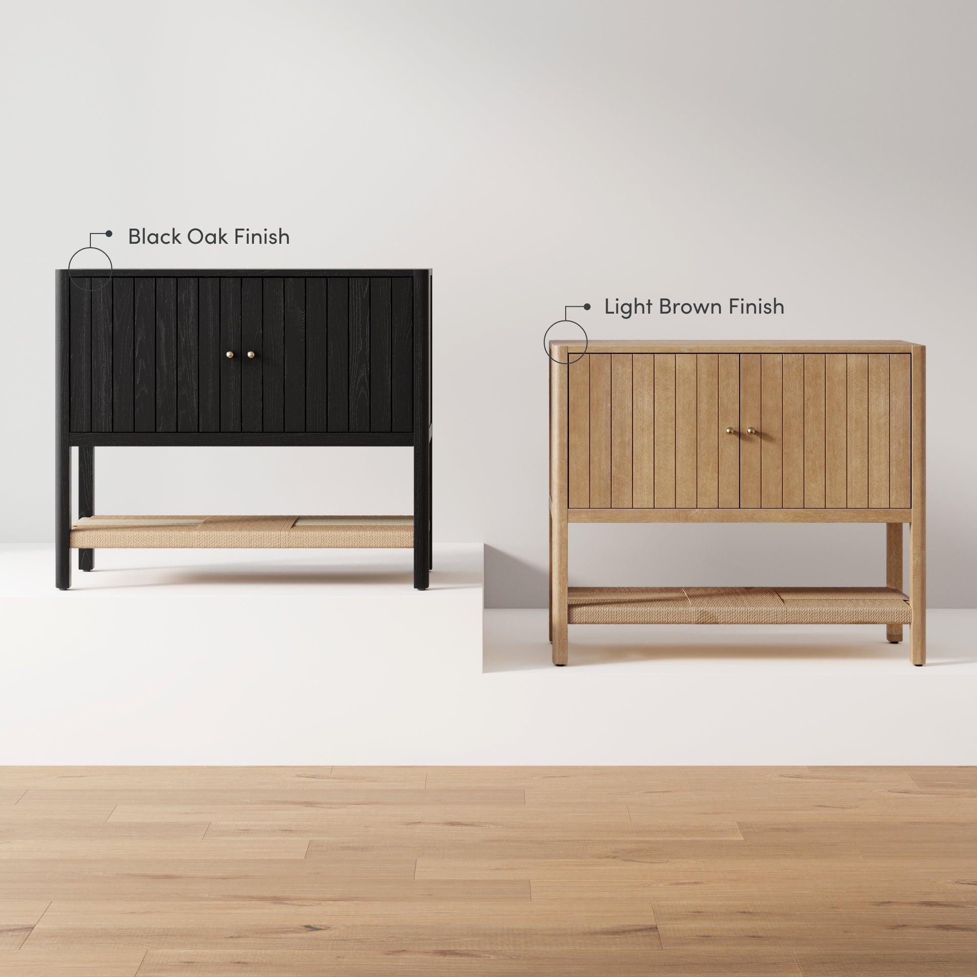 Two wooden cabinets with vertical grooves are shown side by side; the left cabinet has a black oak finish, and the right has a light brown finish. Both have a lower shelf and two round gold handles.