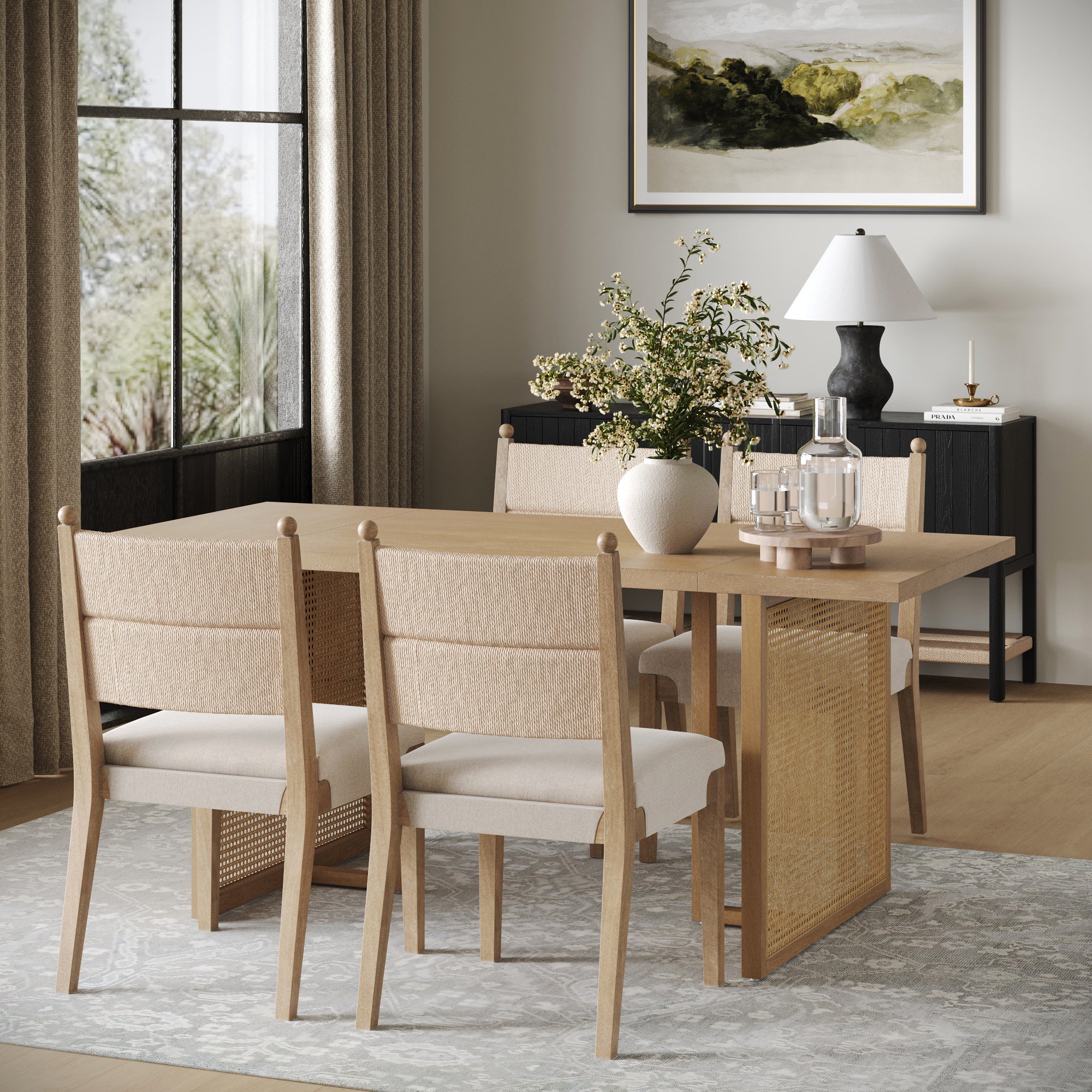 Rattan Dining Table with Flax Upholstered Chairs Set of 4 - Nathan James