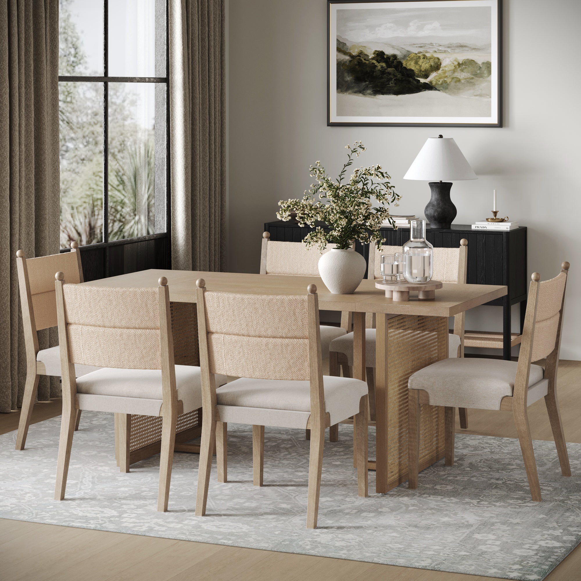 Rattan Dining Table with Flax Upholstered Chairs Set of 6 - Nathan James