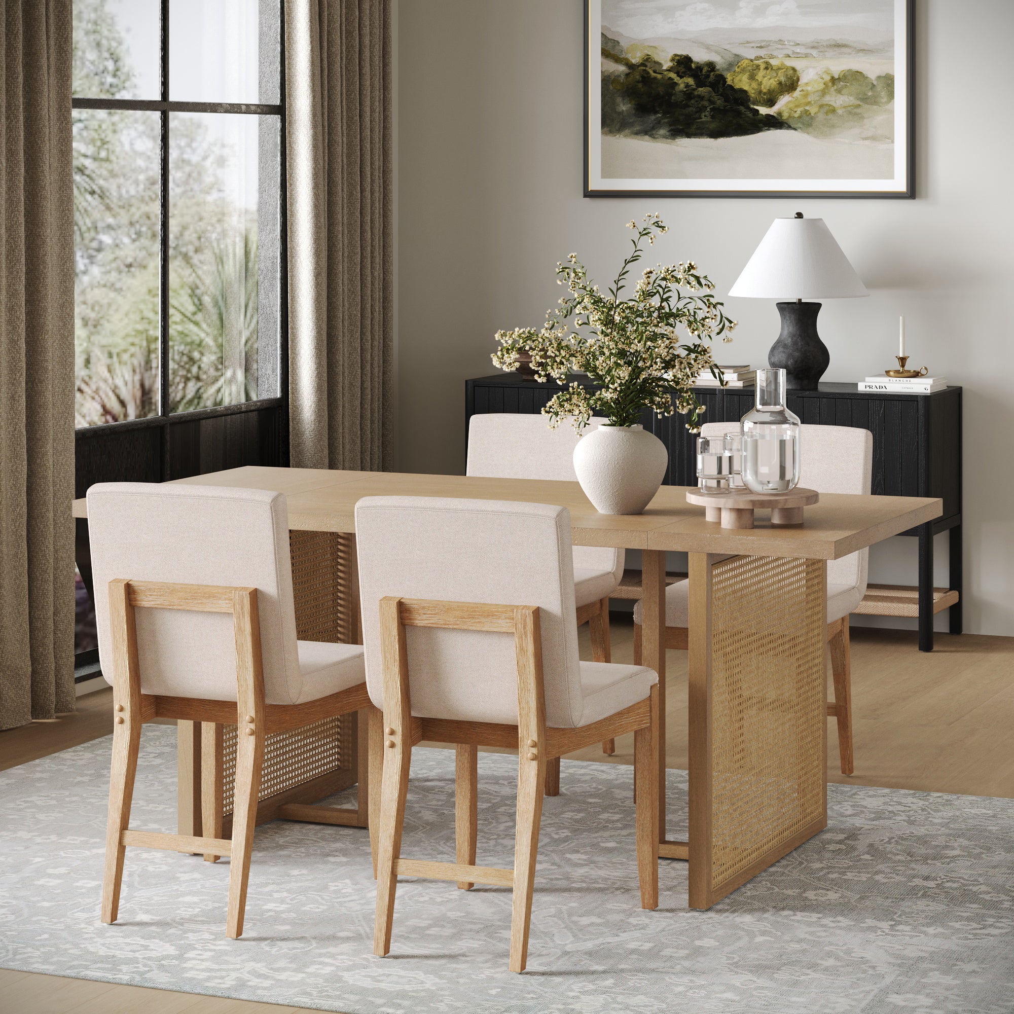 Rattan Boho Dining Set w/ Upholstered Dining Chairs (Set of 4) - Nathan James
