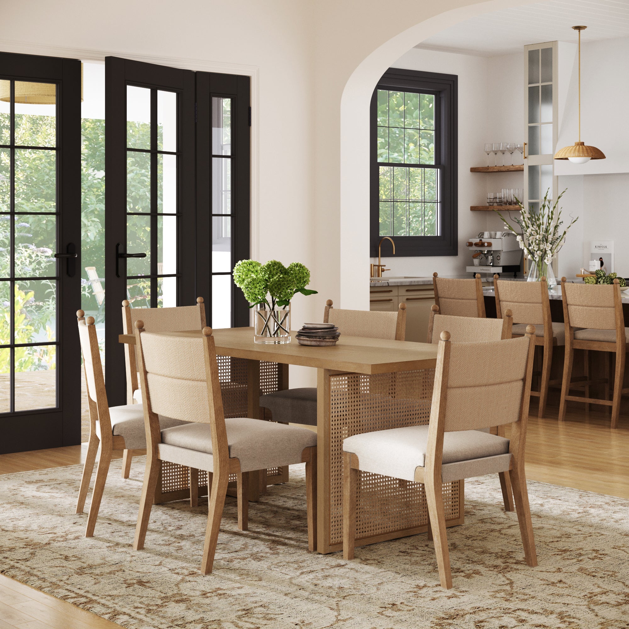 Rattan Dining Table with Flax Upholstered Chairs Set of 6 - Nathan James