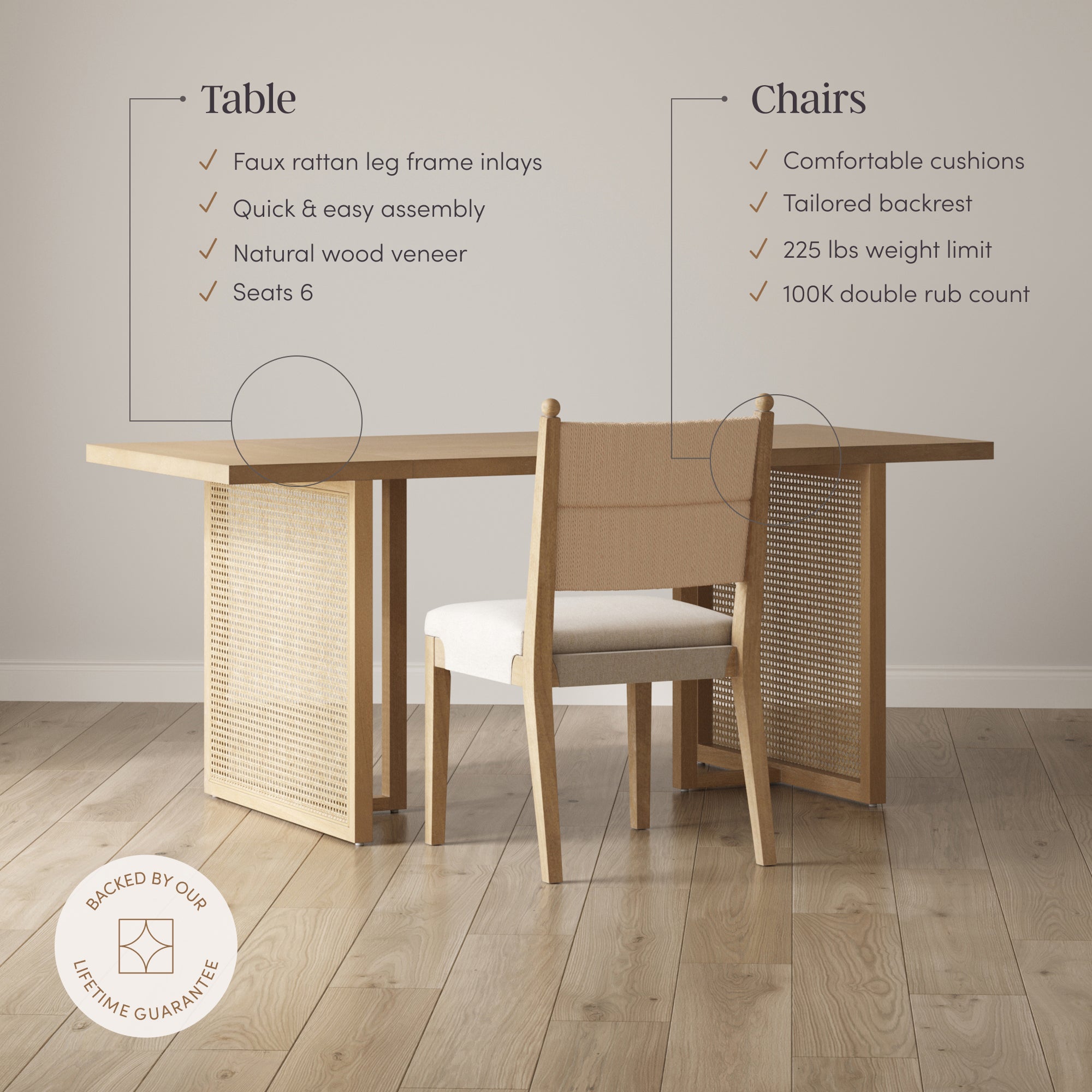 Rattan Dining Table with Flax Upholstered Chairs Set of 6 - Nathan James