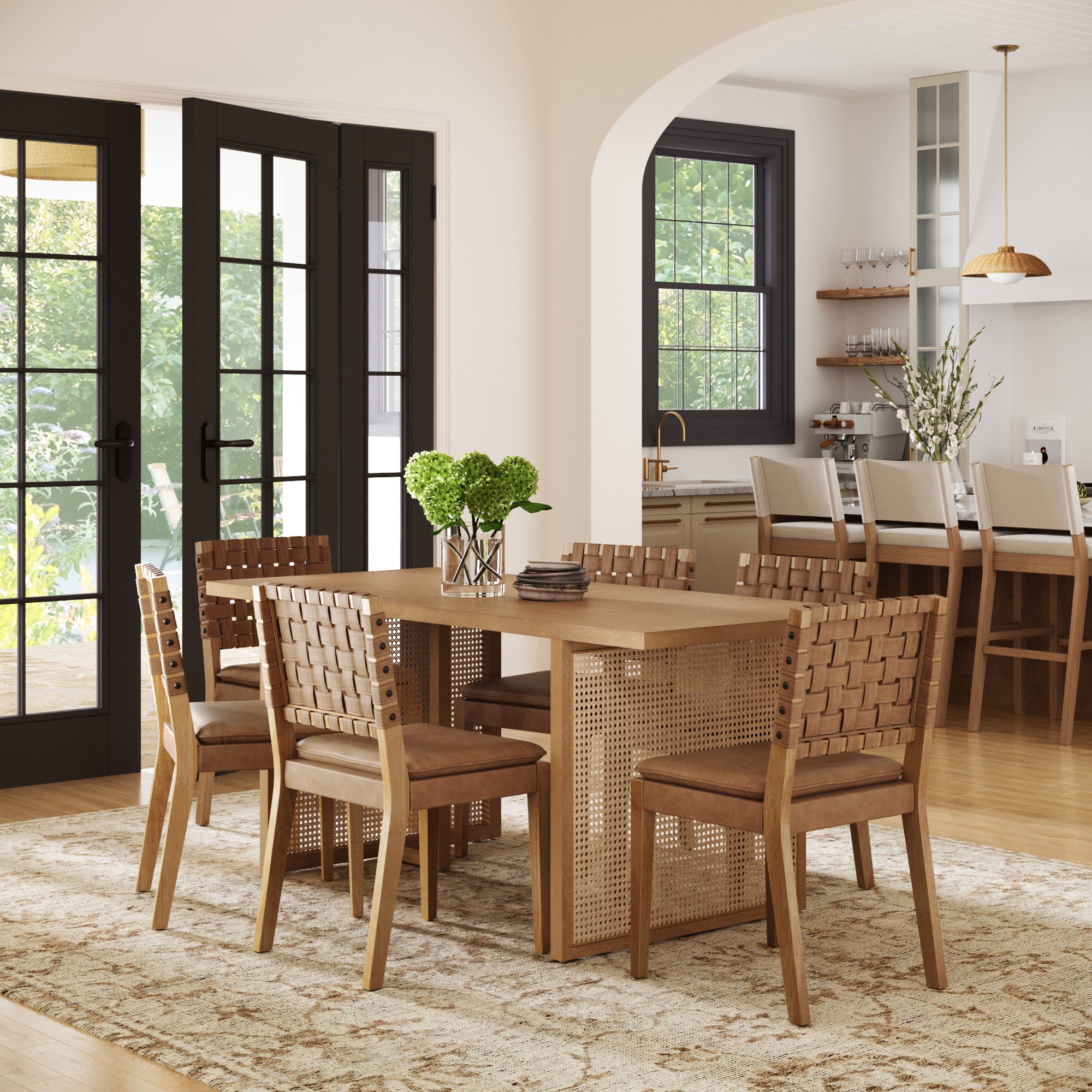 Rattan Boho Dining Table Set of 6 w/ Faux Leather Chairs - Nathan James