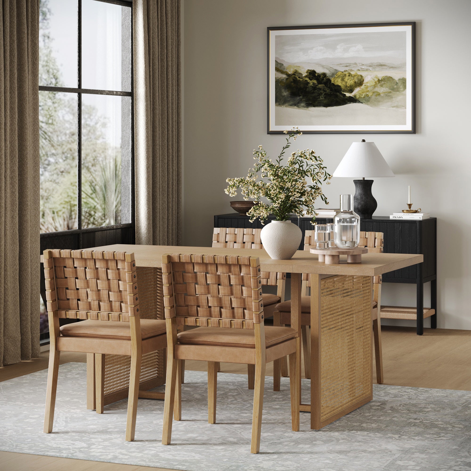 Rattan Boho Dining Table Set of 4 w/ Faux Leather Chairs - Nathan James