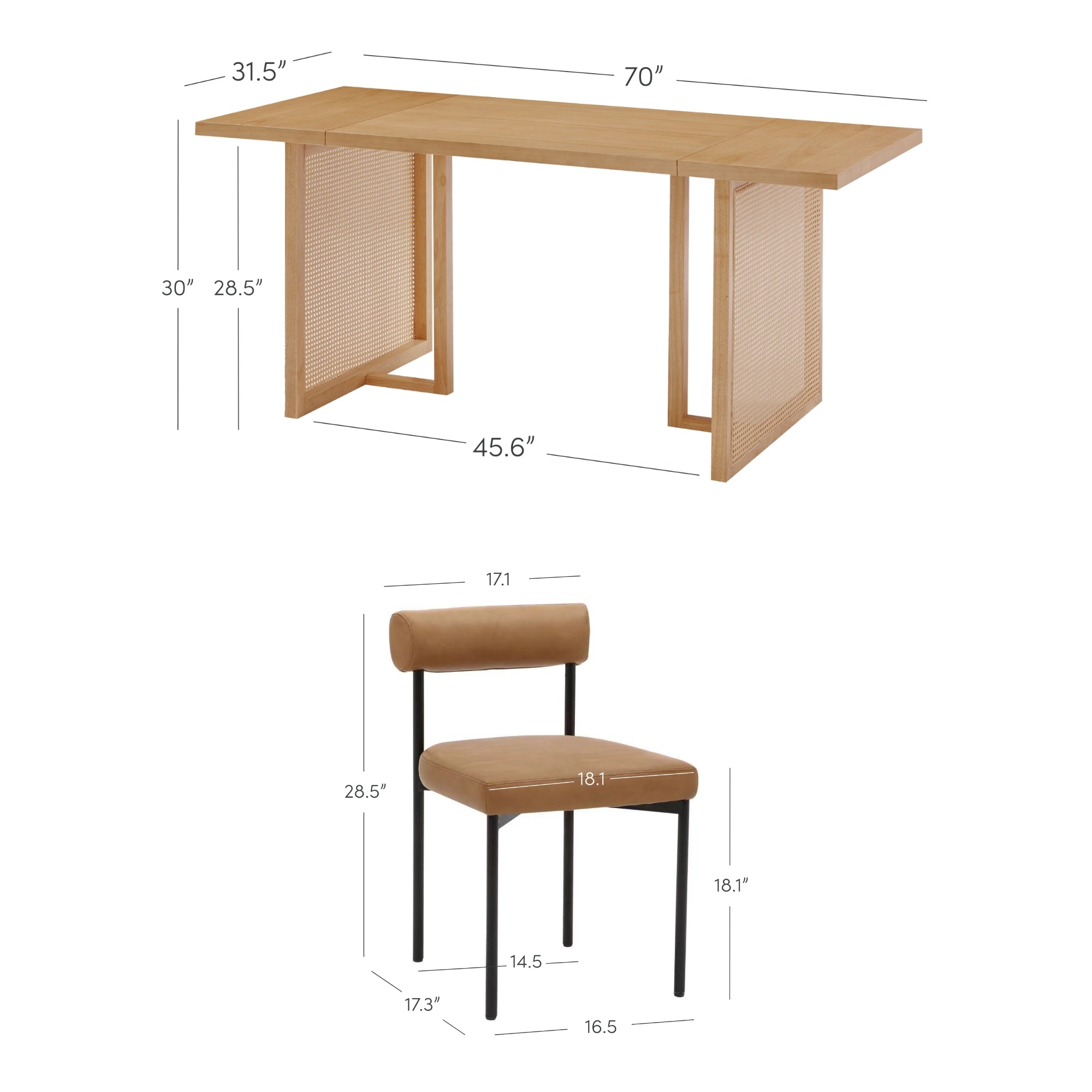 A wooden table with mesh panel sides and a brown cushioned chair with black metal legs, both shown with detailed measurements in inches for width, depth, and height.