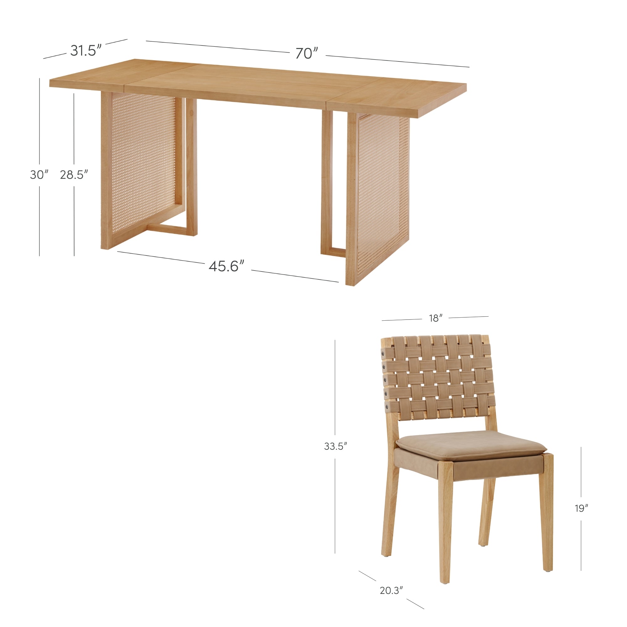 Rectangular wooden table with panel legs, measuring 70 L x 31.5 W x 30 H, and a wooden chair with a woven back and seat cushion, measuring 18 W x 20.3 D x 33.5 H, seat height 19. Dimensions are labeled.