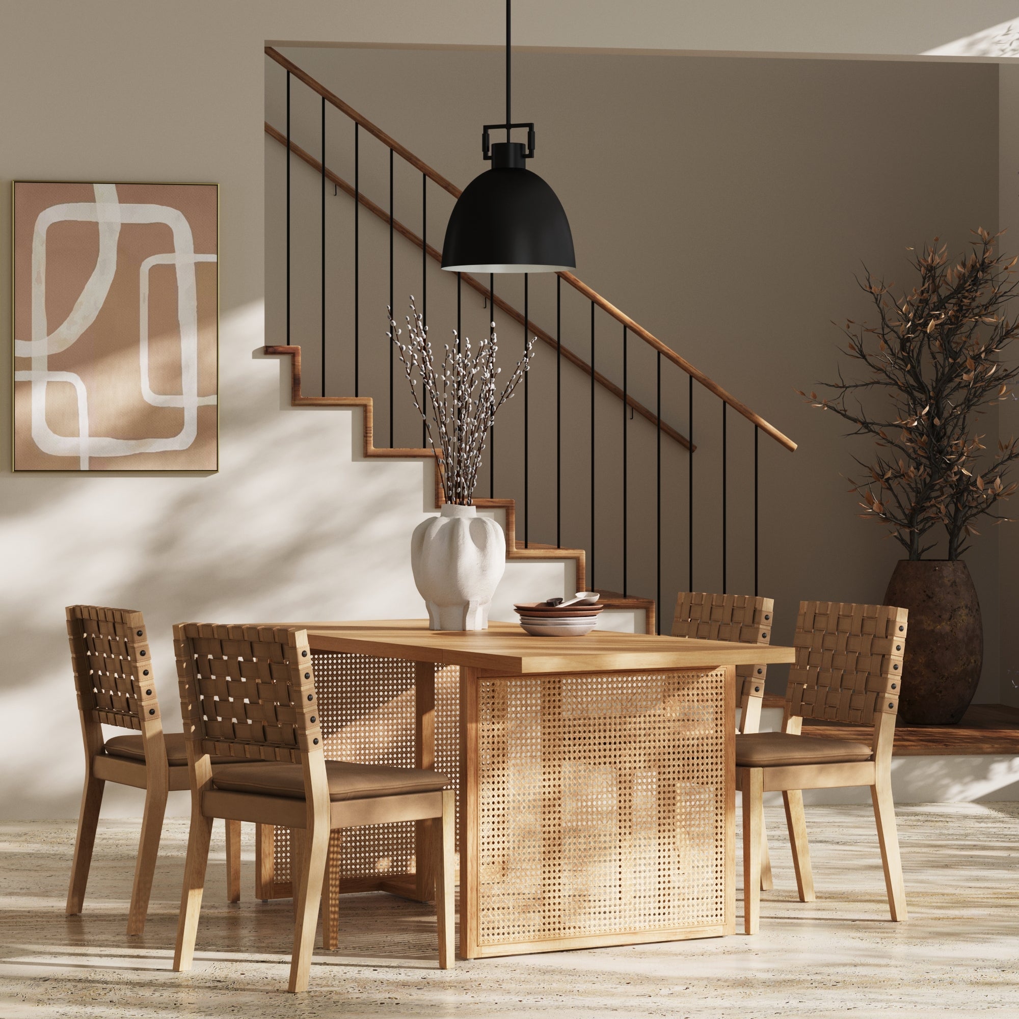 Woven Faux Leather & Rattan Dining Set (4 Chairs) - Nathan James