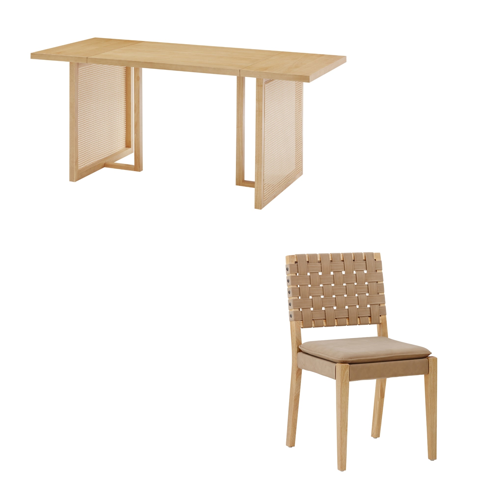 A light wood dining table with panel legs and a matching chair featuring a woven backrest and beige cushioned seat, both set against a white background.