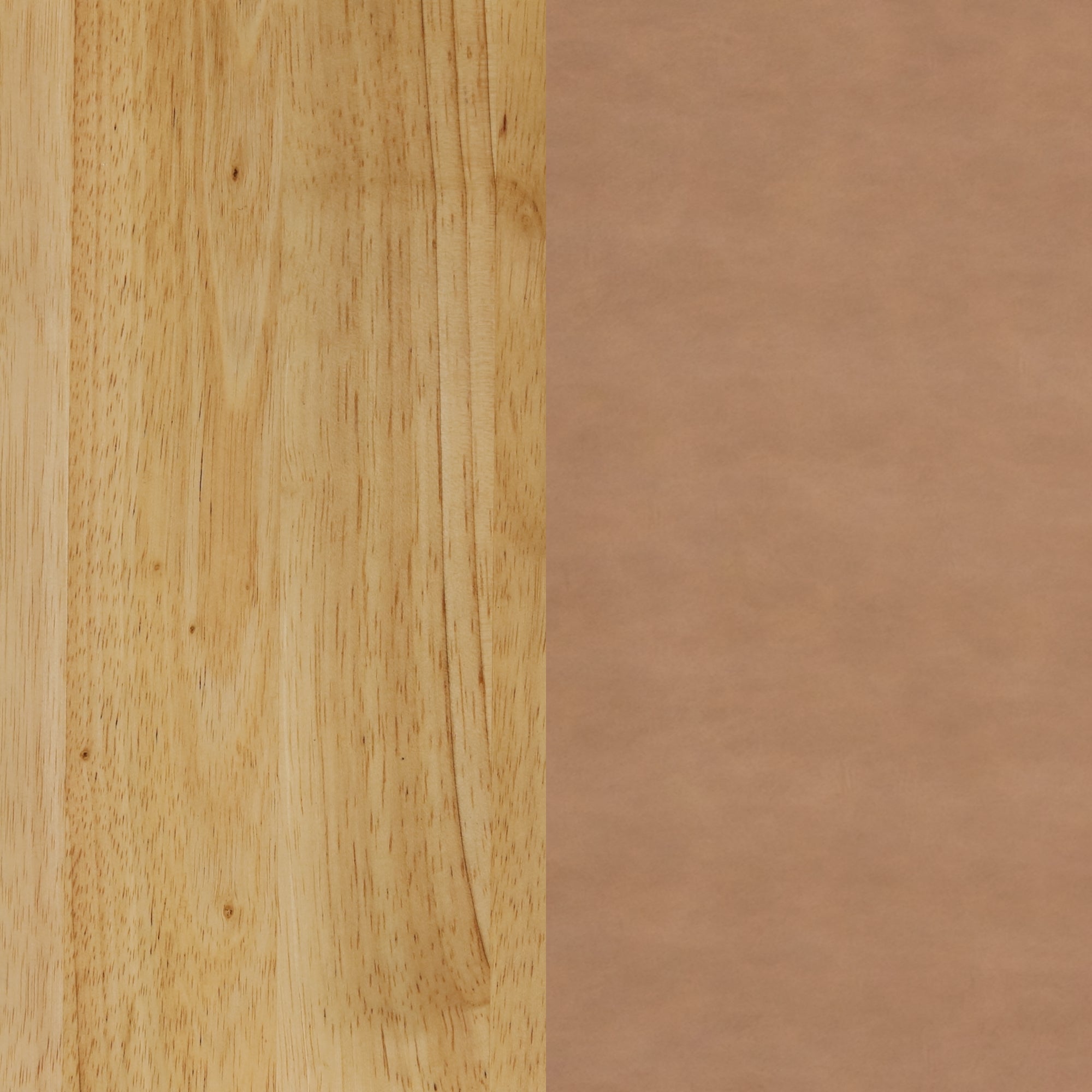 A split image showing two textures: the left side features light-colored, natural wood grain, and the right side displays smooth, brown leather.