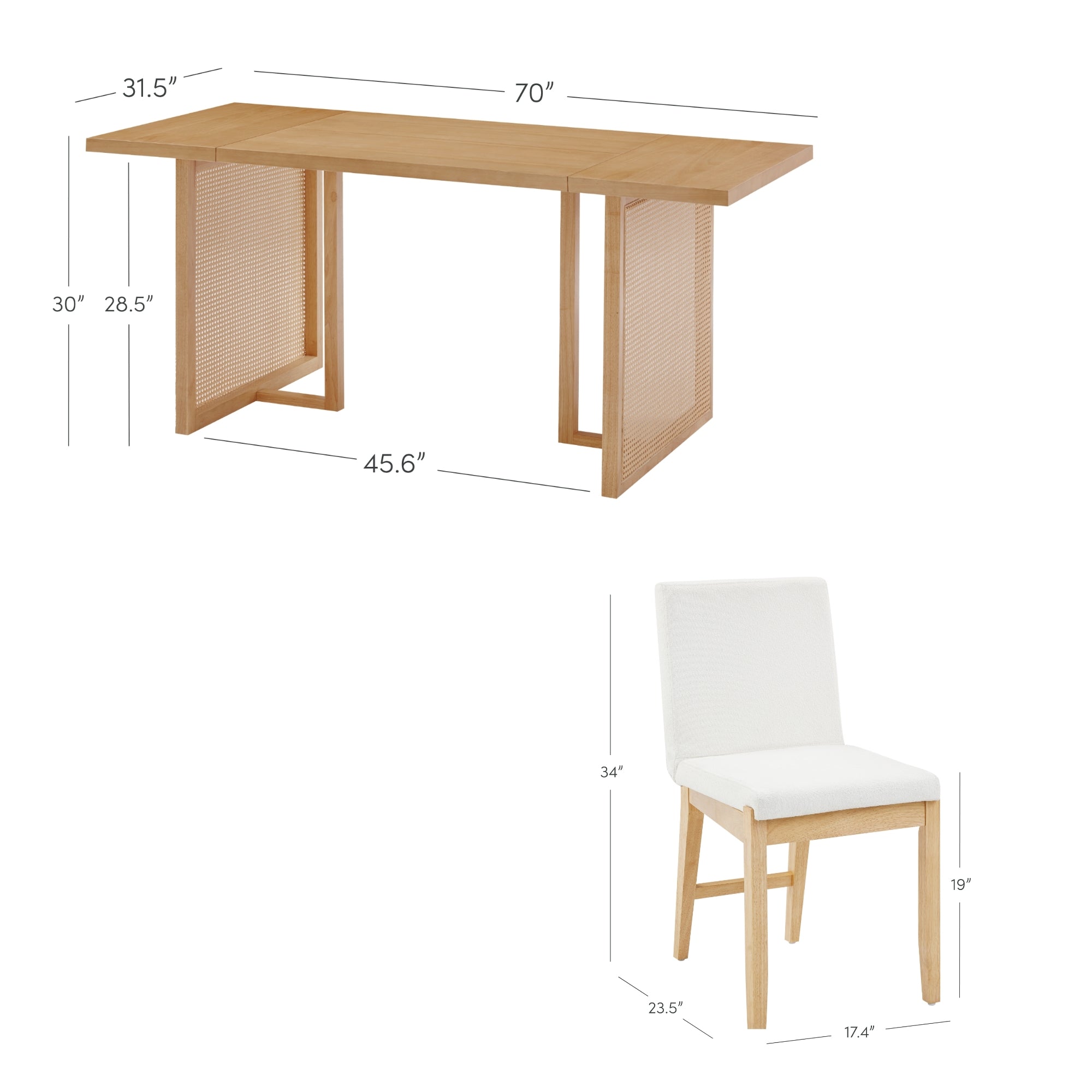 A light wood rectangular table with dimensions 70 L x 31.5 W x 30 H and base width 45.6, paired with a white cushioned chair measuring 34 H x 17.4 W x 23.5 D, seat height 19.