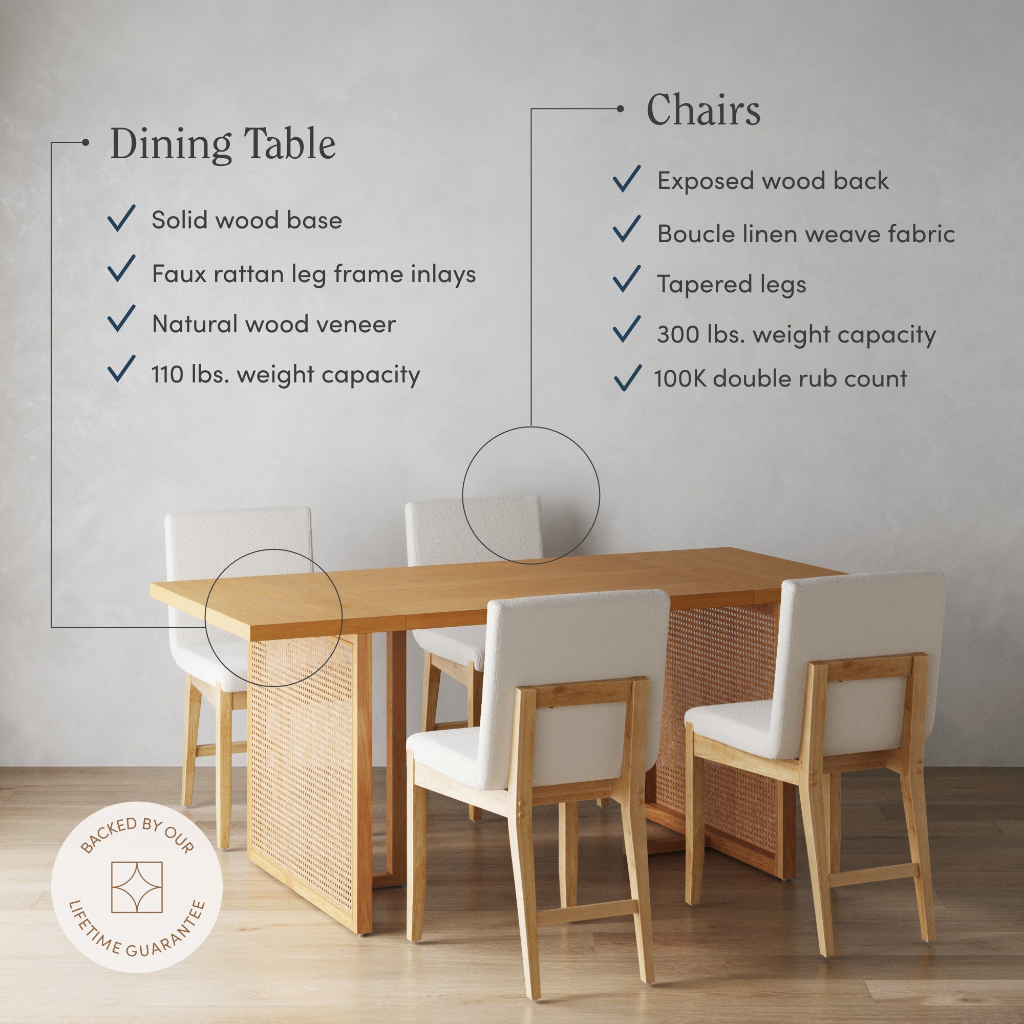 Bohemian Wood & Boucle Dining Set (4 Chairs) - Nathan James