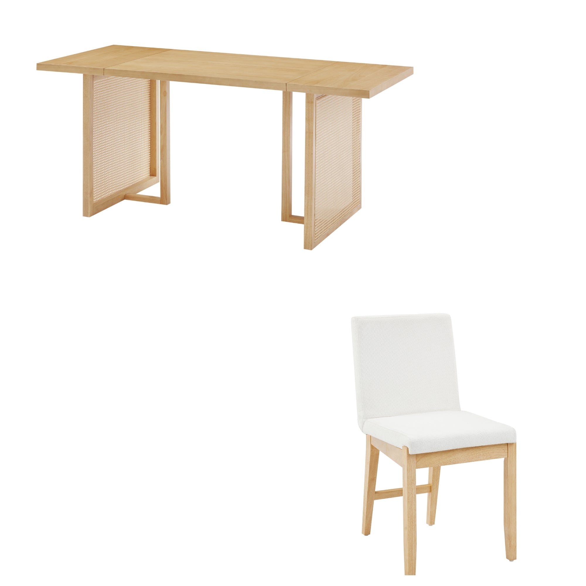 A rectangular light wood dining table with panel legs, paired with a matching light wood chair featuring a white upholstered seat and backrest, both set against a white background.