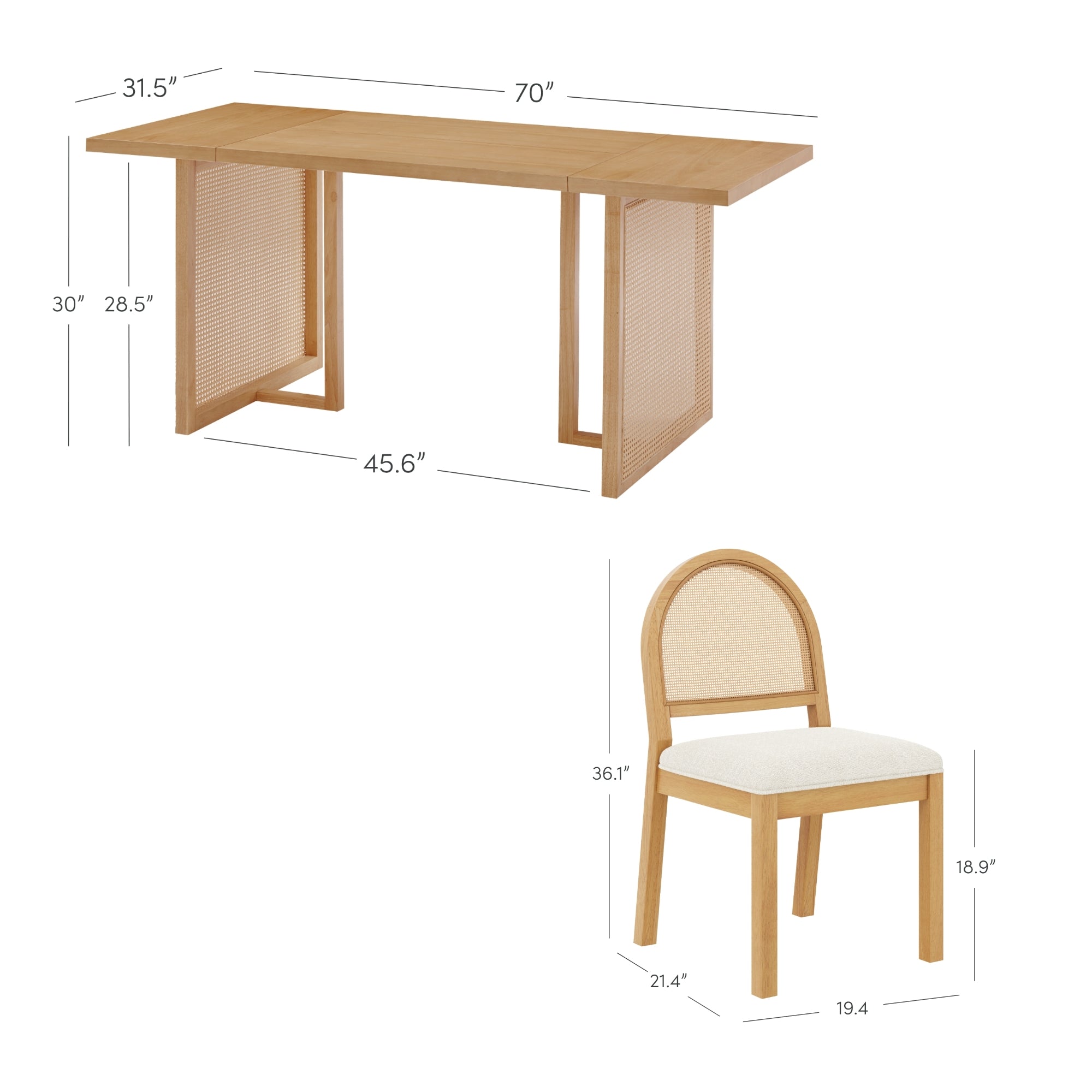 A wooden table with dimensions labeled: 70 long, 31.5 wide, 30 high, and 45.6 between legs. Below is a matching chair with a rounded back and seat, dimensions: 36.1 high, 21.4 wide, 19.4 deep, and seat height 18.9.