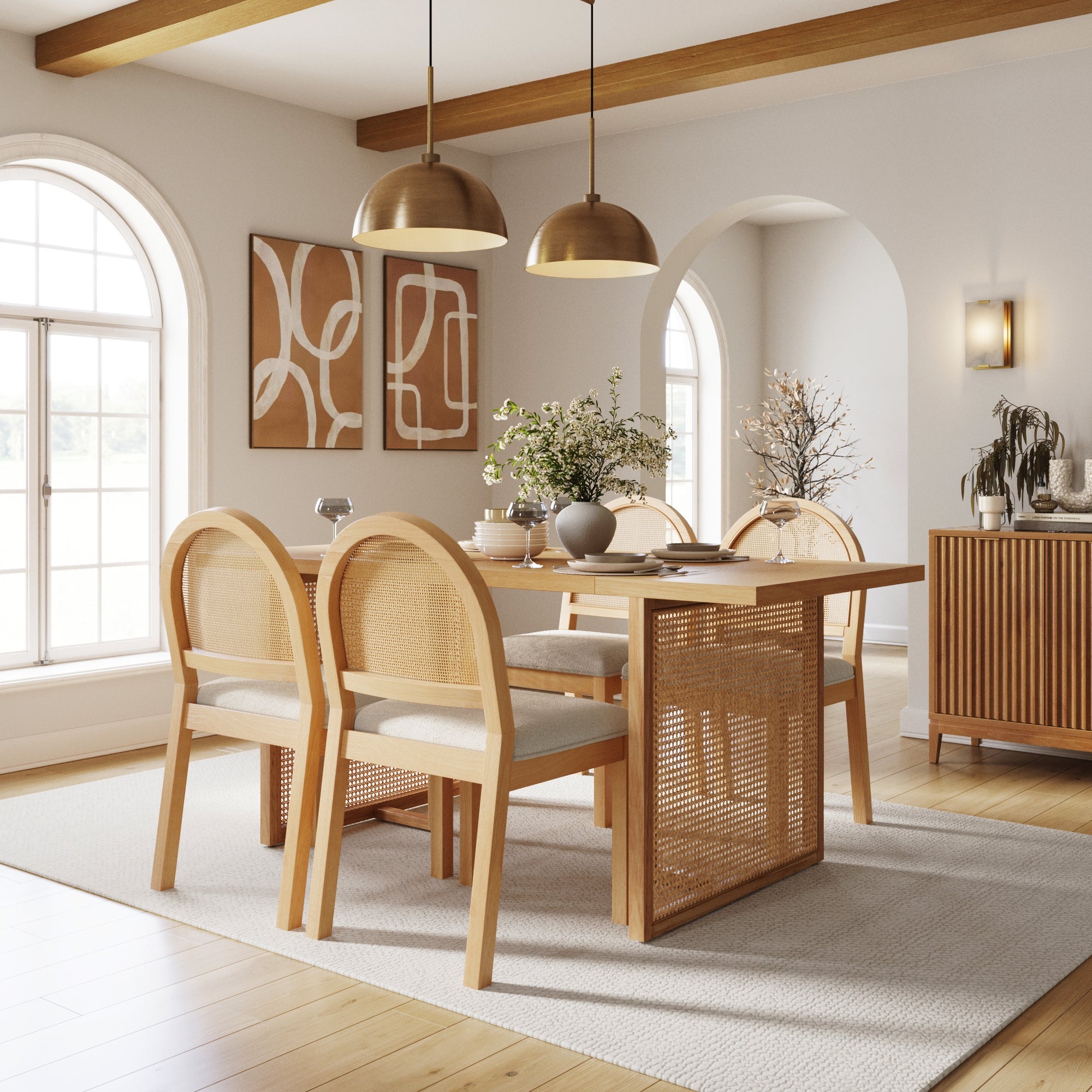 Bohemian Rattan & Boucle Dining Set (4 Chairs) - Nathan James