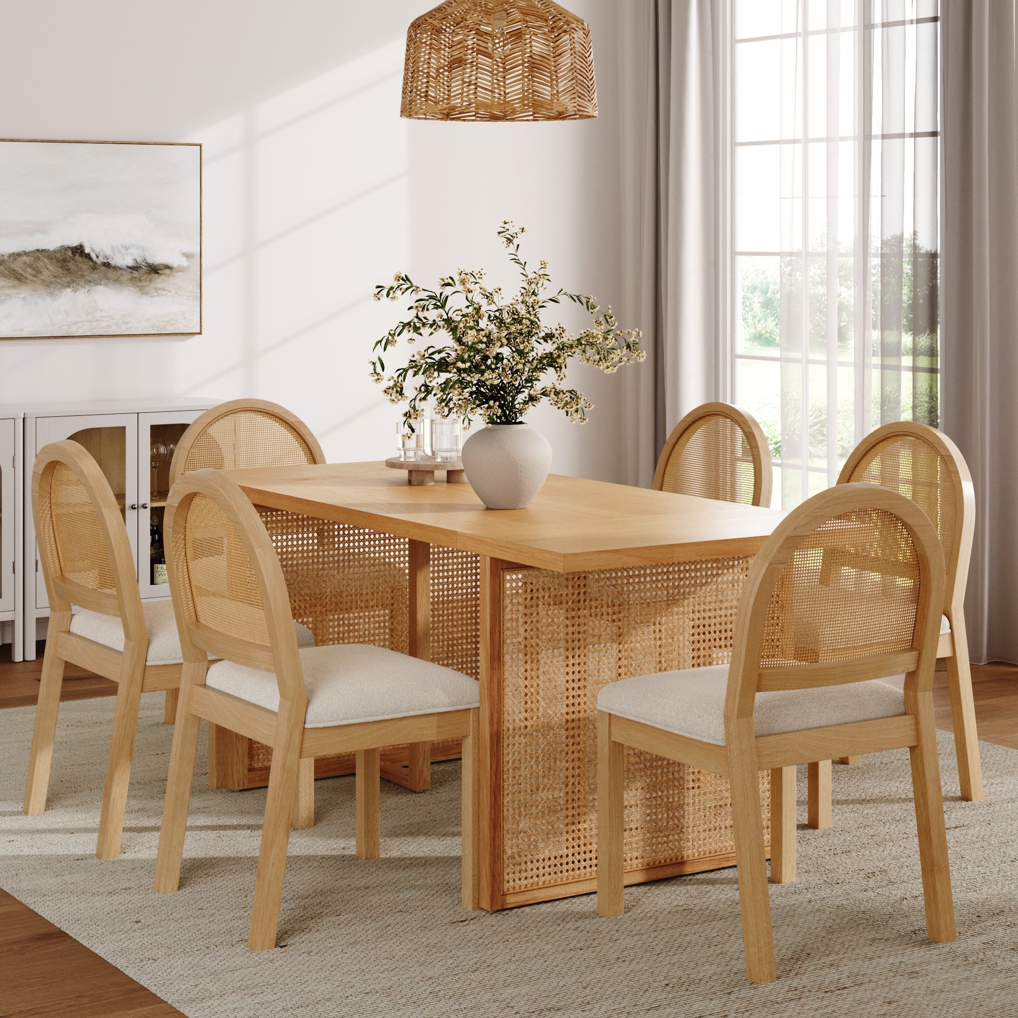 Bohemian Rattan & Boucle Dining Set (6 Chairs) - Nathan James