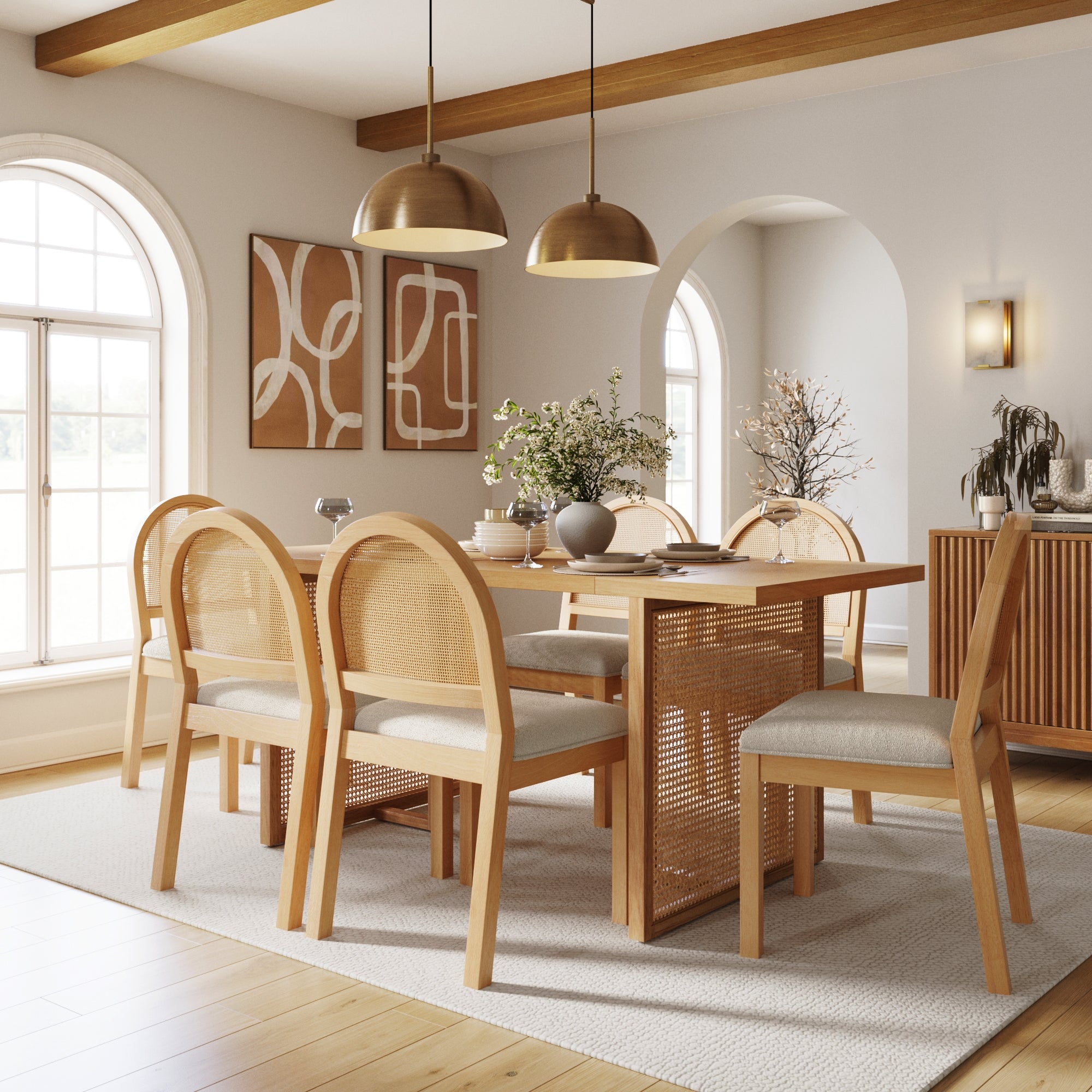 Bohemian Rattan & Boucle Dining Set (6 Chairs) - Nathan James