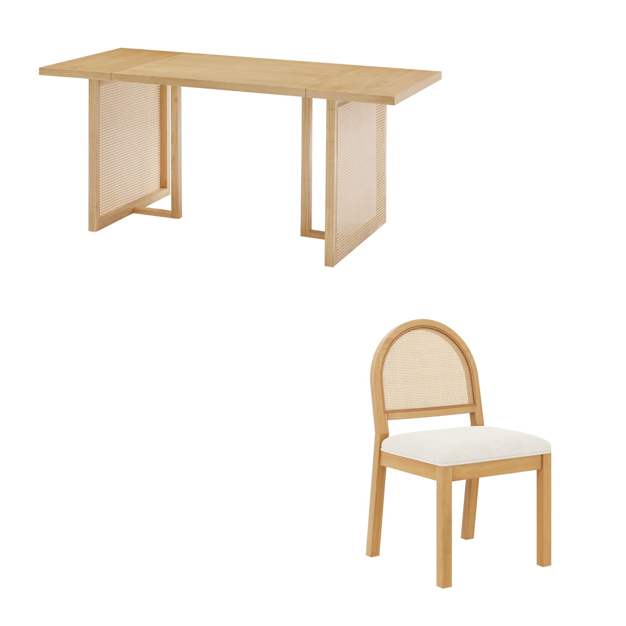 A light wood rectangular table with panel legs and a matching chair featuring a rounded backrest and light cushioned seat, both set against a white background.