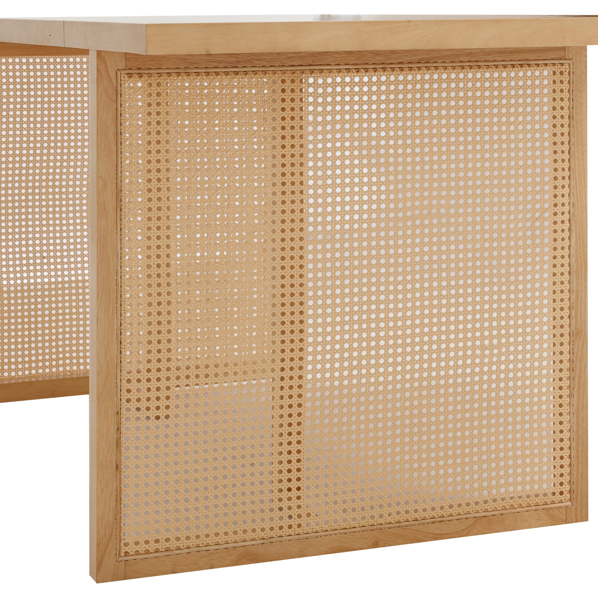 A wooden desk corner featuring a woven cane panel as a decorative and structural element, with a light wood frame and a smooth, pale tabletop.