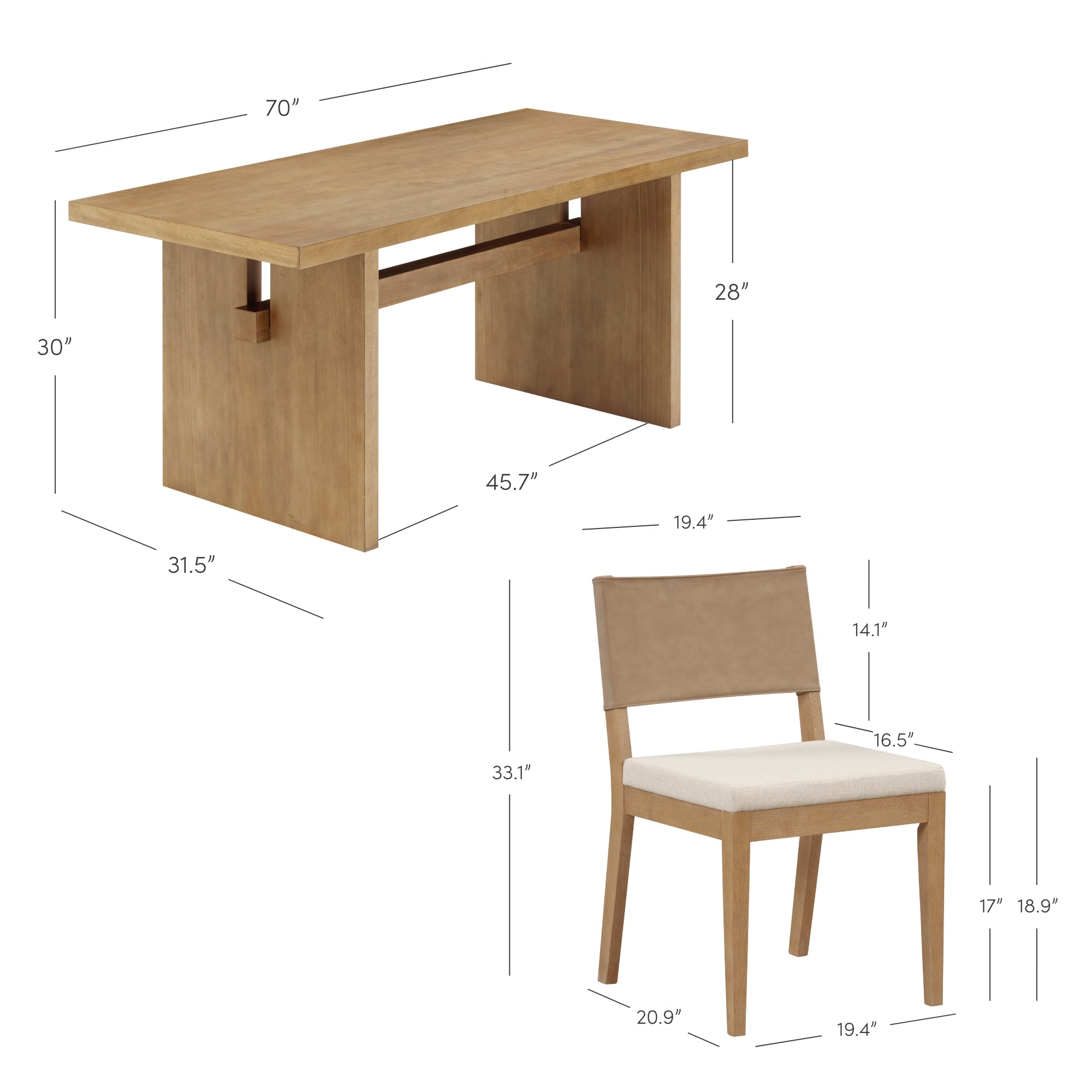 Wooden dining table and chair with dimensions labeled; table is 70 long, 31.5 wide, 30 high with 28 clearance under; chair is 33.1 high, 20.9 deep, seat is 16.5 high, 18.9 wide, and 19.4 seat depth.