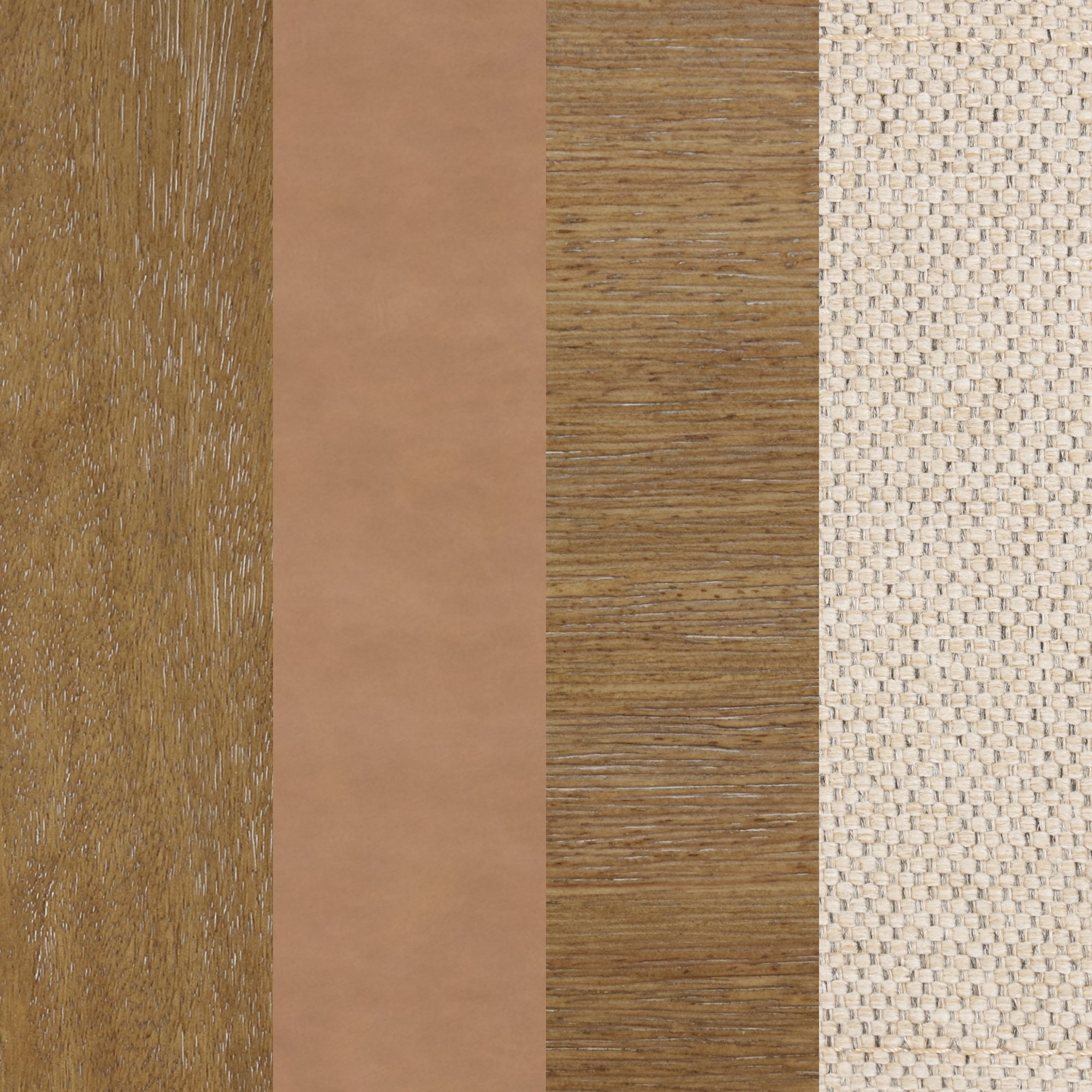 Four vertical panels featuring different textures: natural wood grain, smooth tan leather, dark wood grain, and a woven beige fabric. The materials are arranged side by side, each with distinct colors and patterns.