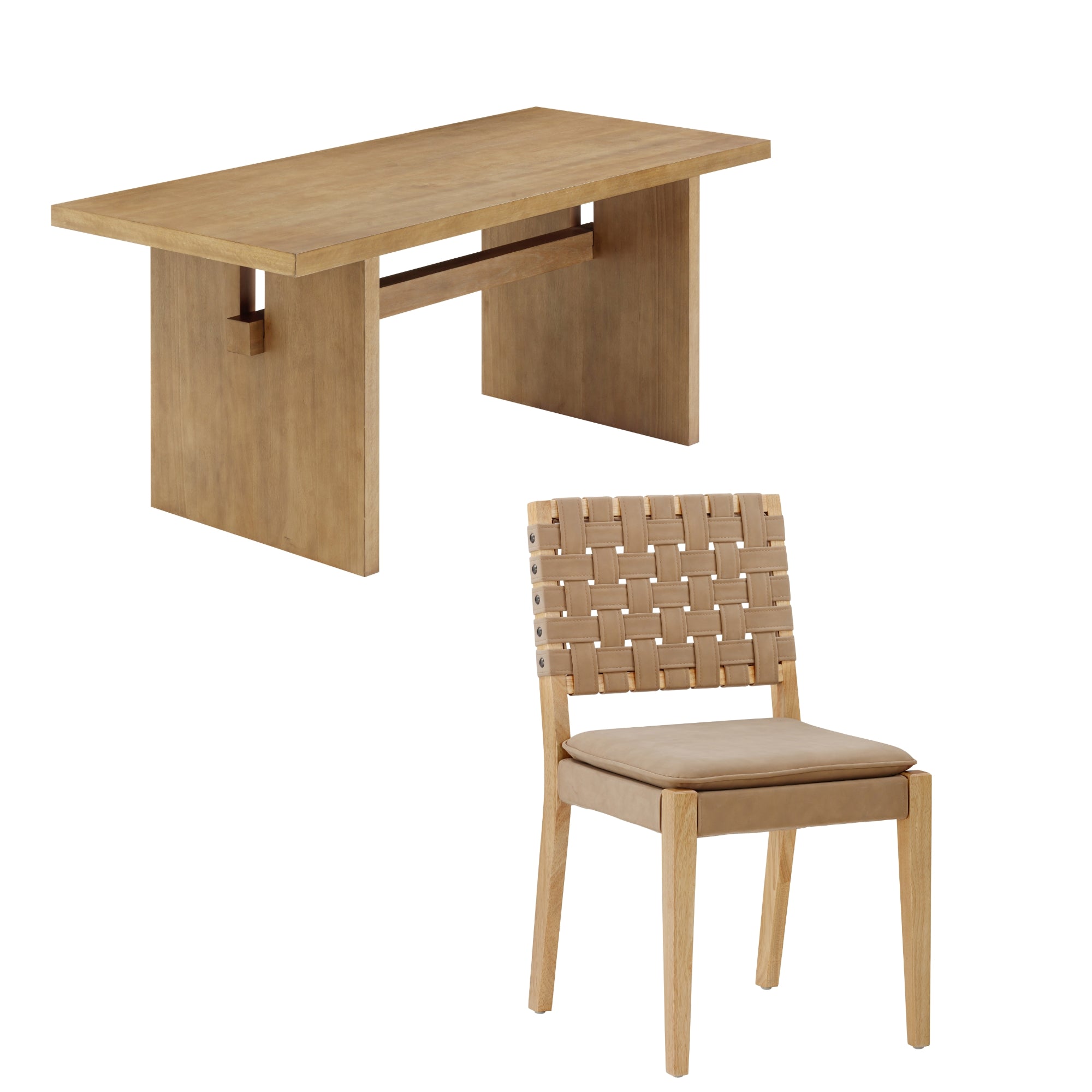 A rectangular wooden table with a solid base and a matching wooden chair featuring a woven backrest and a padded seat, both in a light wood finish, on a white background.