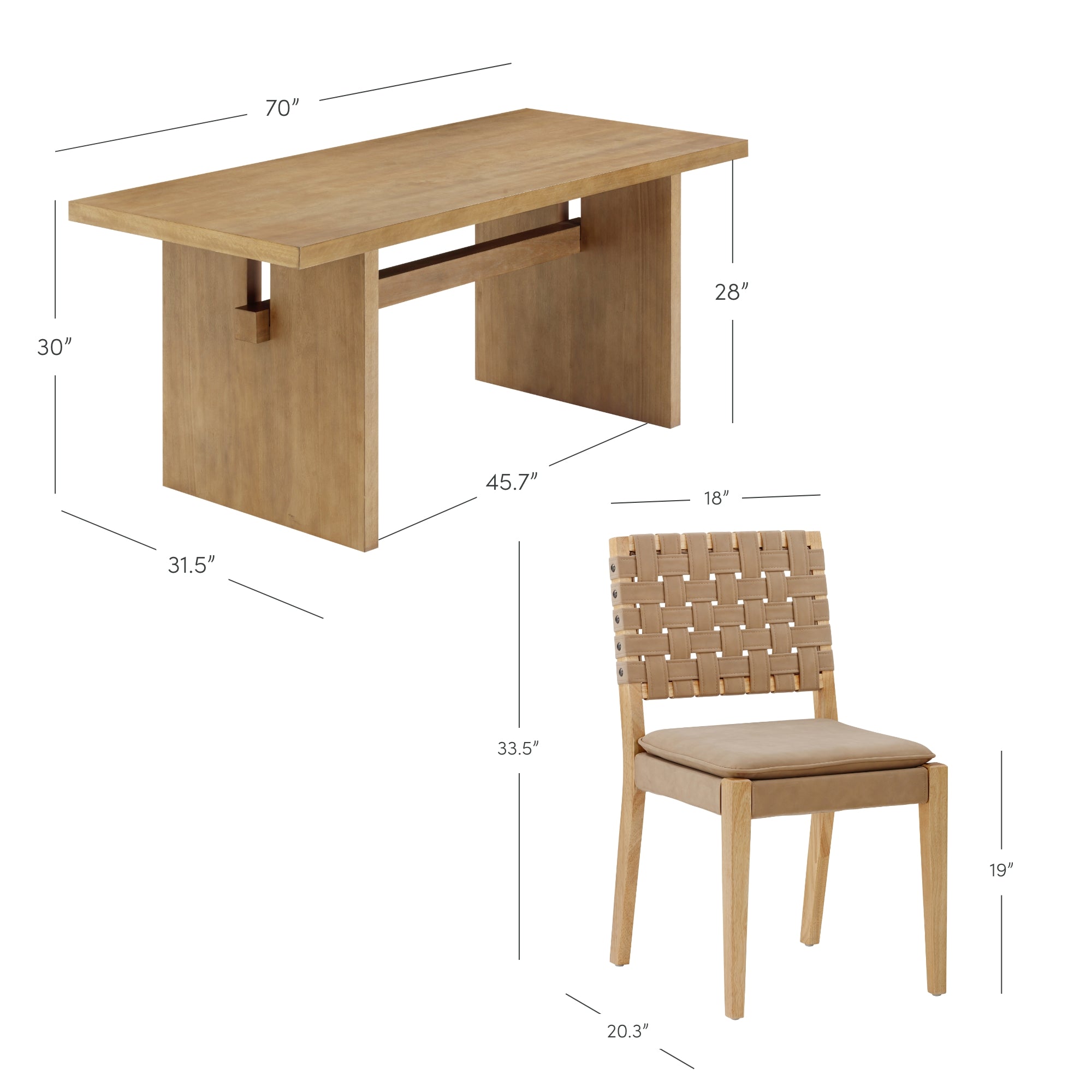 A wooden dining table, 70 long, 31.5 wide, and 30 high, with a matching woven-back chair measuring 33.5 tall, 18 wide, 20.3 deep, and a seat height of 19.