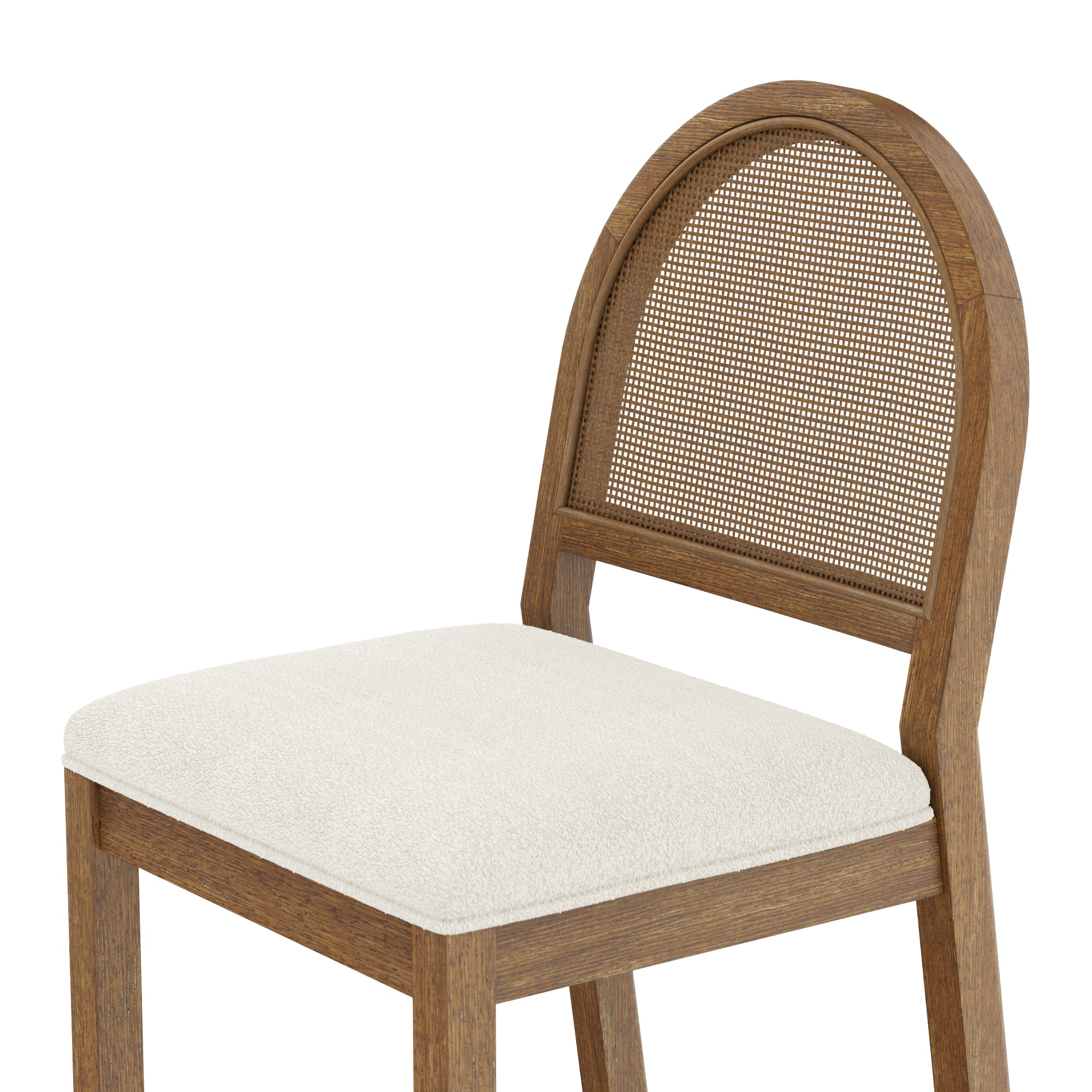 A wooden chair with a rounded backrest featuring a woven rattan panel and a cushioned seat upholstered in light beige fabric.