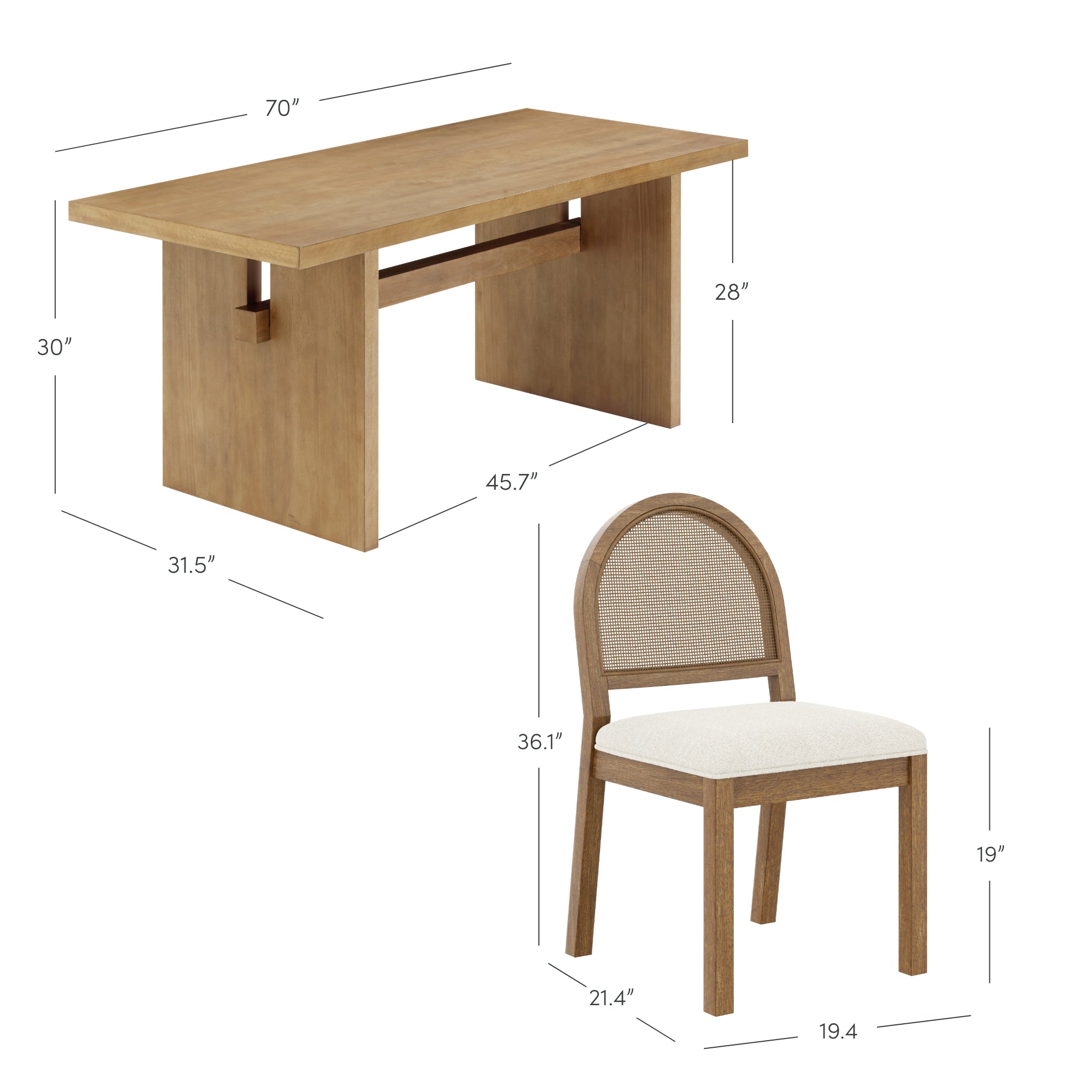 Rectangular wooden table with a thick top and panel legs, dimensions 70” x 31.5” x 30”. Beside it, a wooden chair with a cushioned seat and rounded back, dimensions 36.1” x 21.4” x 19.4”.