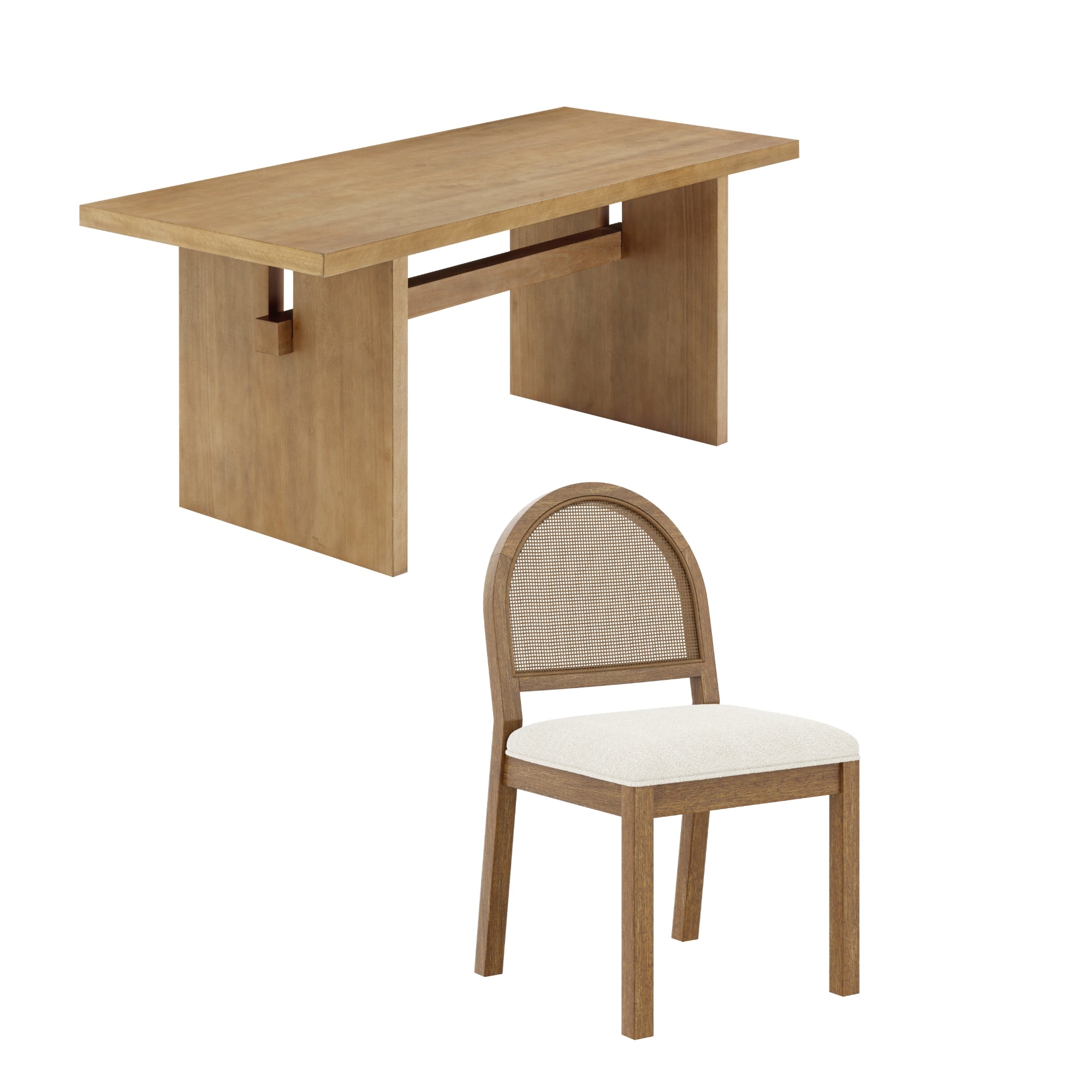 A wooden rectangular table with solid panel legs and a matching wooden chair featuring a rounded backrest with cane detail and a light cushioned seat.