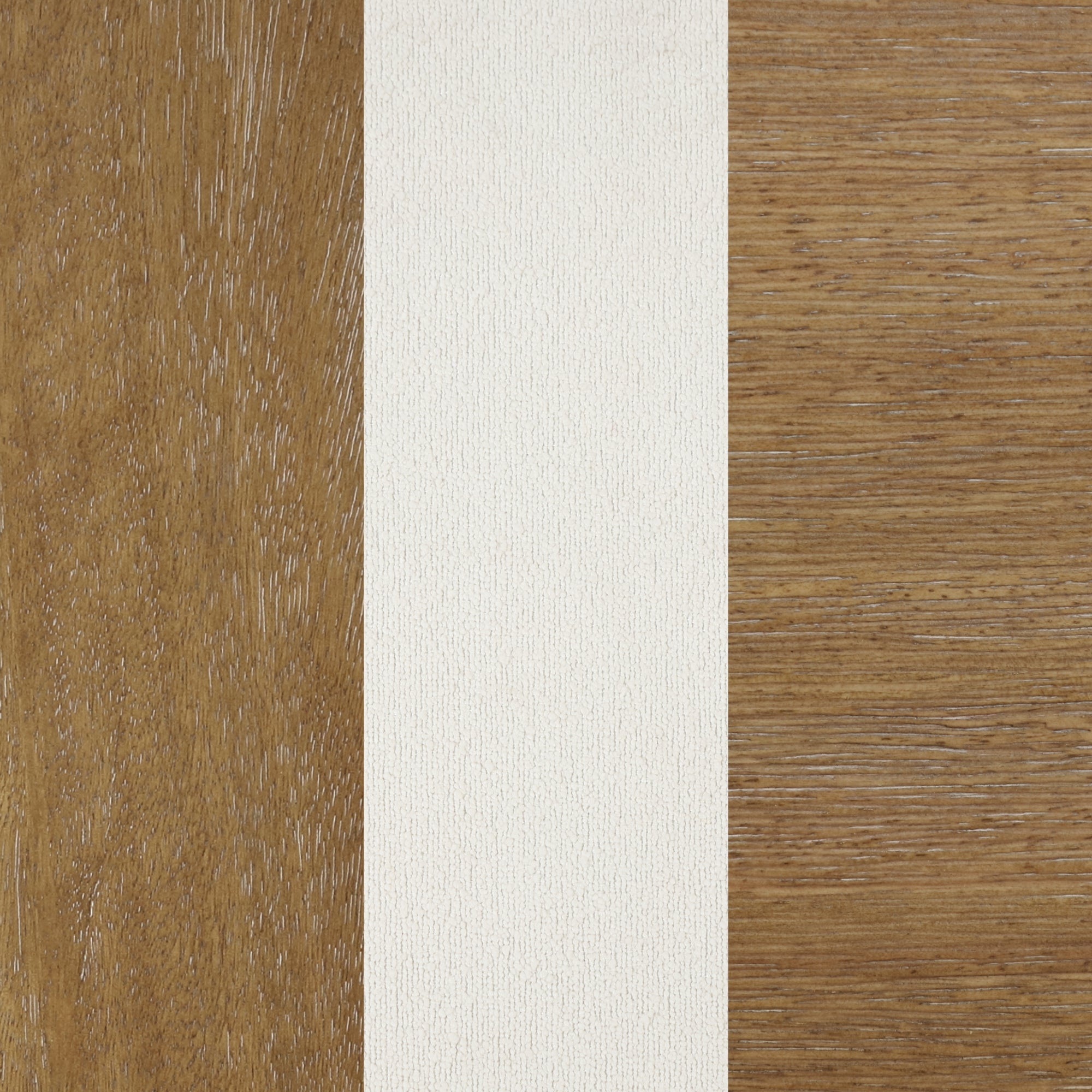 Three vertical panels: the left and right panels have different wood grain textures in shades of brown, and the center panel is a solid off-white color with a subtle textured surface.
