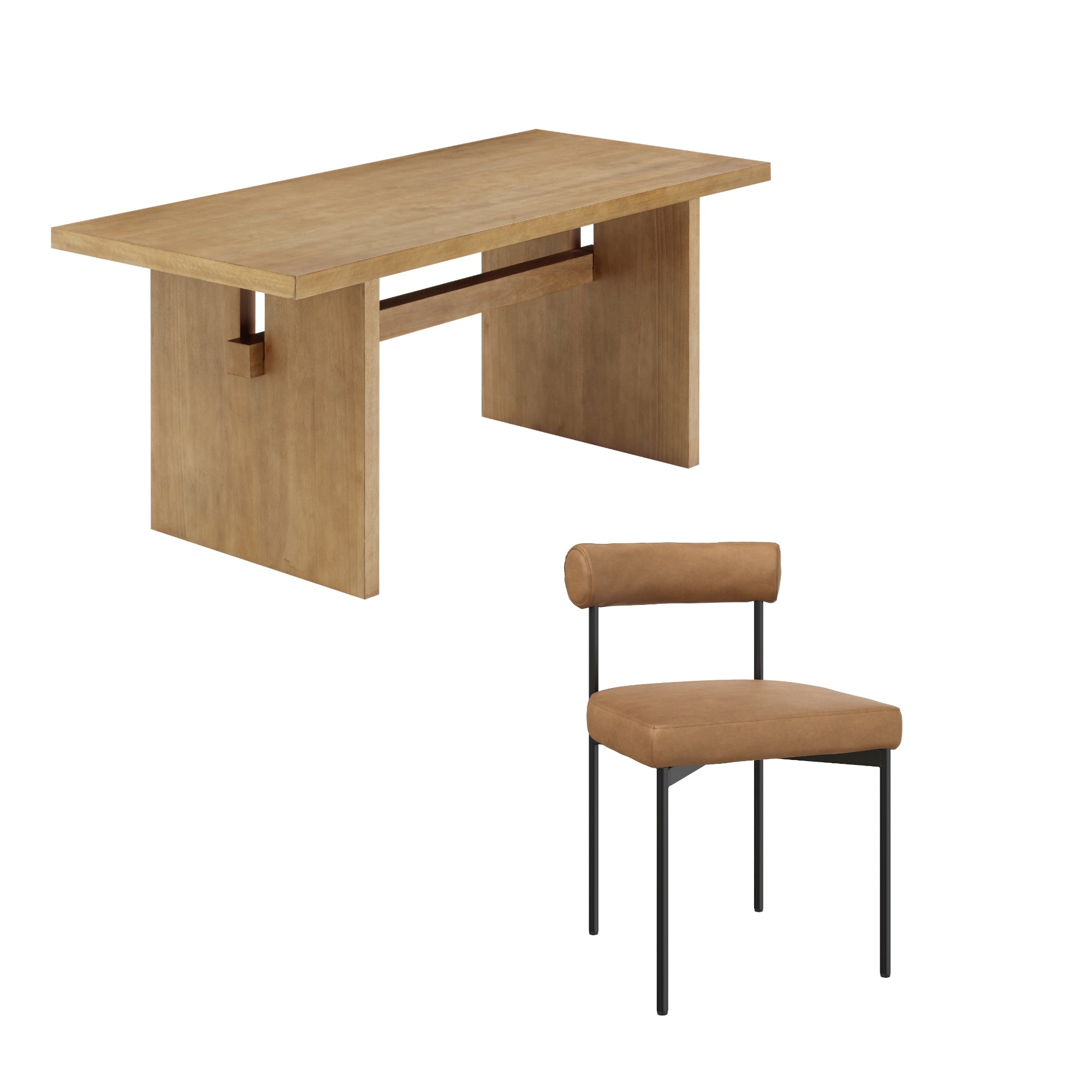 A modern wooden table with a rectangular top and panel legs, paired with a brown upholstered chair featuring a rounded backrest and black metal legs. Both are set against a white background.
